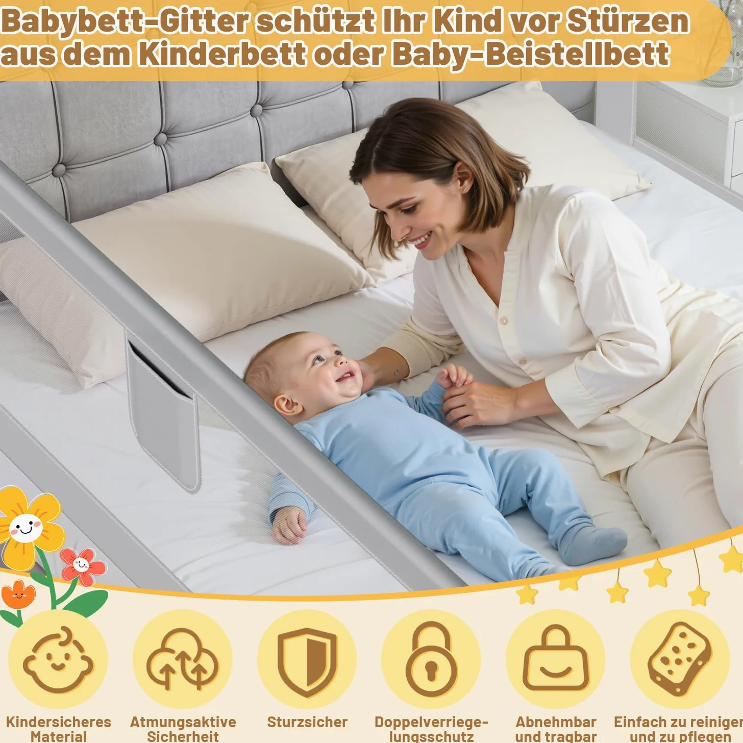 Ikodm Zanzariera per letto 180 cm x 2 + 150 cm x 1, griglia di protezione regolabile in altezza 64 – 96 cm, per neonati e bambini, con interruttore a doppio pulsante, facile da montare, grigio