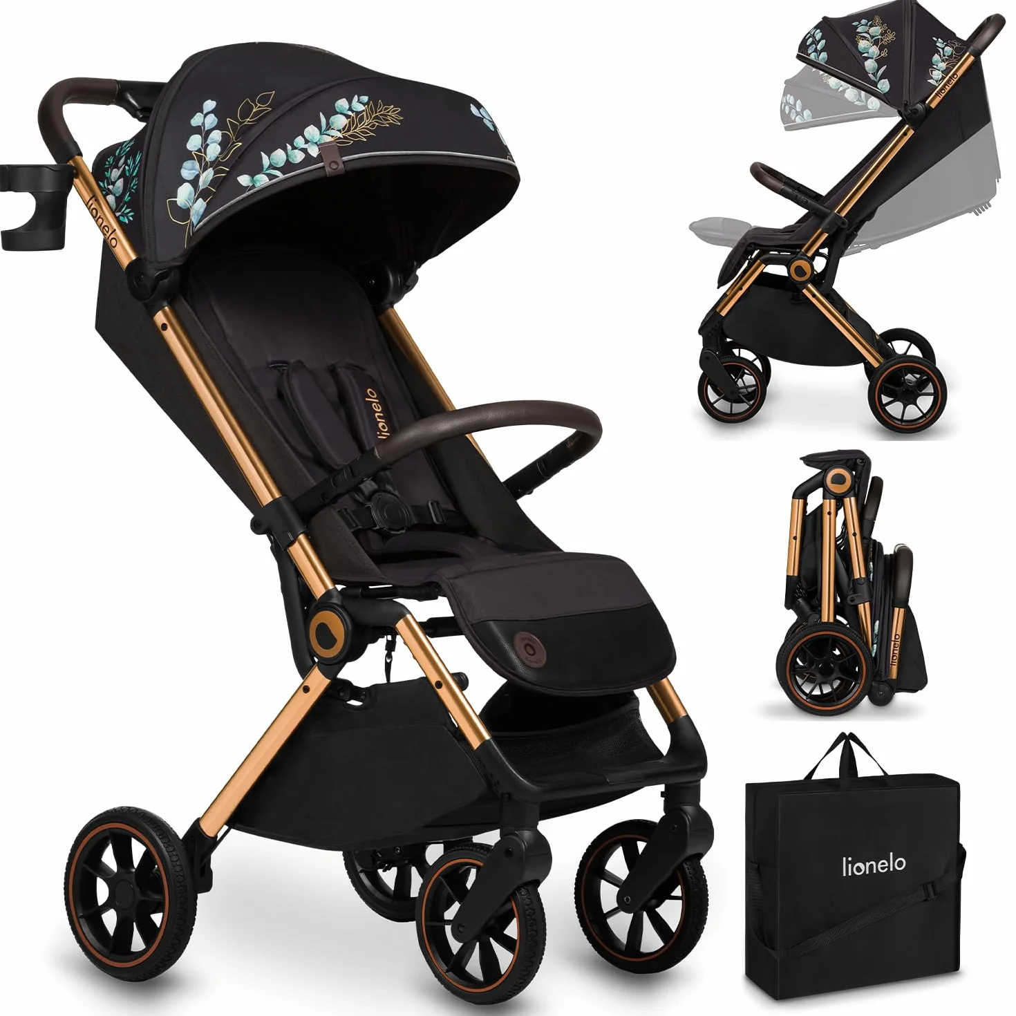 LIONELO Cloe Passeggino leggero e pieghevole per bambini da 0 fino a 22kg Schienale regolabile Posizione nanna Impermeabile, Cinture a 5 punti, Ruote XXL, Zanzariera, Portabicchieri (Momenti d'oro)
