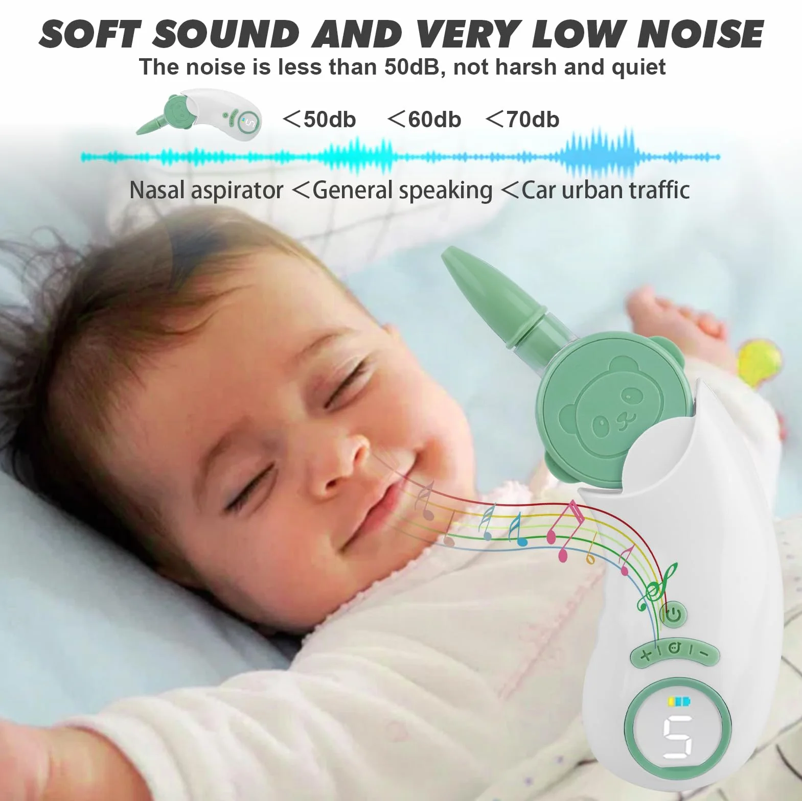 Aspiratore Nasale Neonato Elettrico con 5 Livelli di Aspirazione, Aspiratore Nasale Elettrico con Display, Ricaricabile Aspira Muco Neonato con 2 Beccucci in Silicone, Pinzette e Funzione Musica