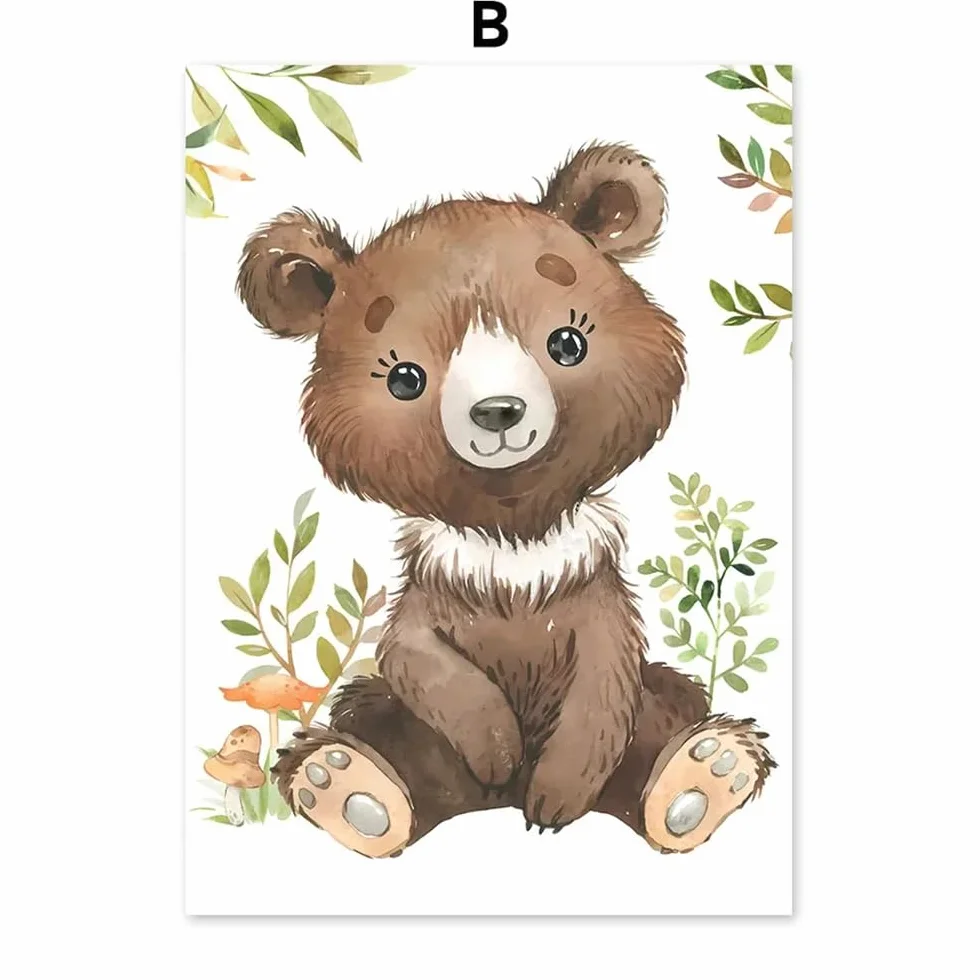 Youihom 6 Quadro Animali Bosco Quadretti Personalizzati Bimba Poster con Lettere del Nome Bambini Stampe Cameretta Neonato Volpe Orso Scoiattolo Cervo Marrone Verde Quadri Tela 21x30 senza Cornice