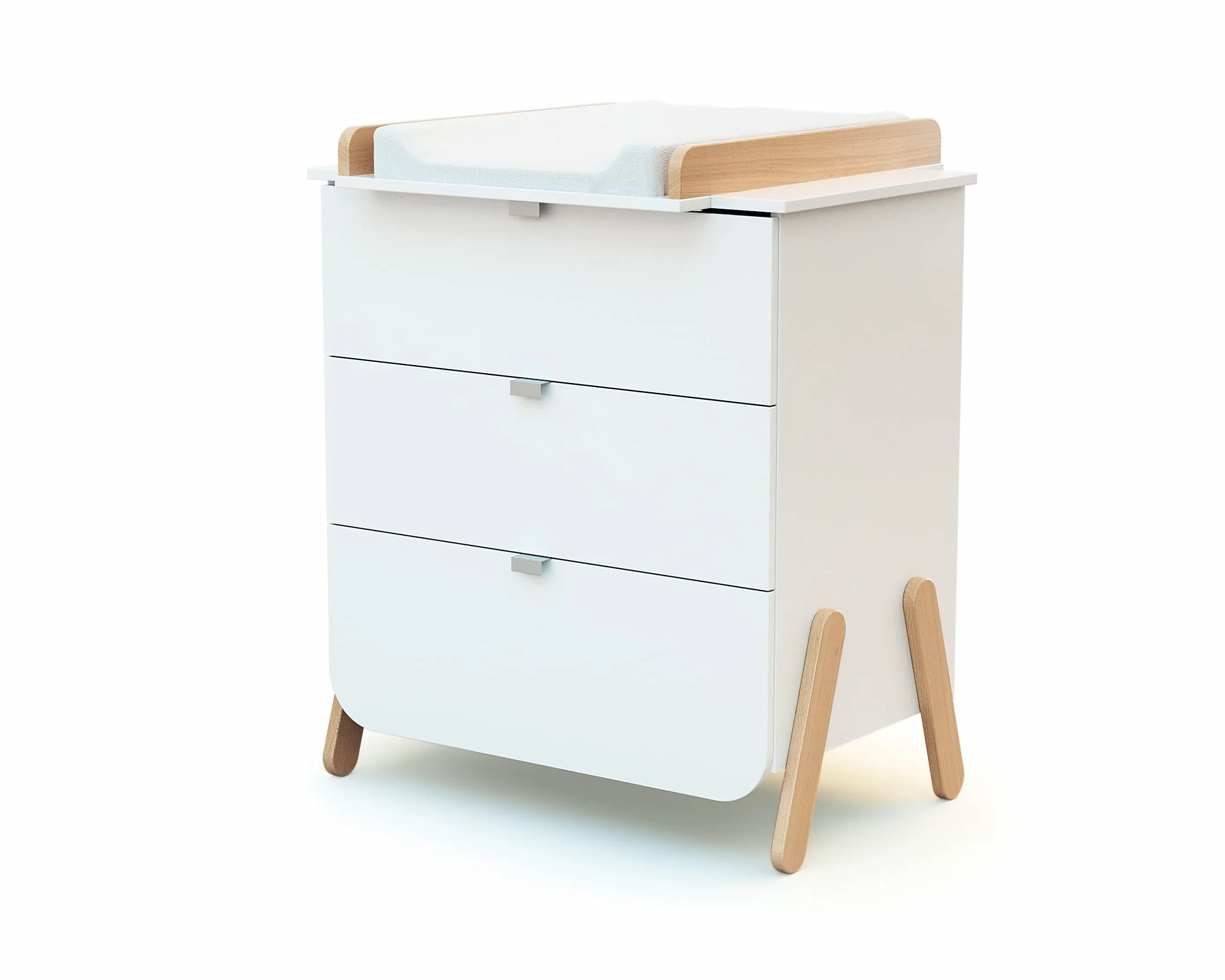 AT4 - Cassettiera fasciatoio 3 cassetti in legno PIRATE bianco e faggio|Piano fasciatoio rimovibile incluso|79 x 66 x 84,5 cm|Per la cameretta dei bambini