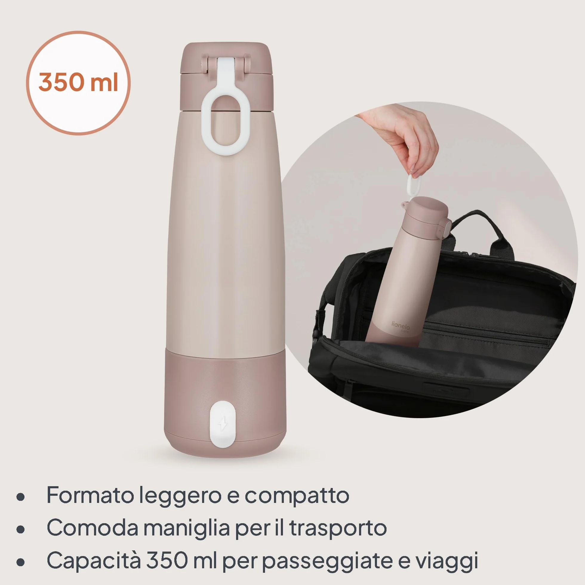 Lionelo THERMUP BOTTLE Scaldalatte Portatile Senza Fili, Compatto 350 ml, Riscalda Latte o Acqua in 3,5 Min, Controllo Temperatura 37-55°C a 5 Livelli, Termos per Latte fino a 20 h, Display