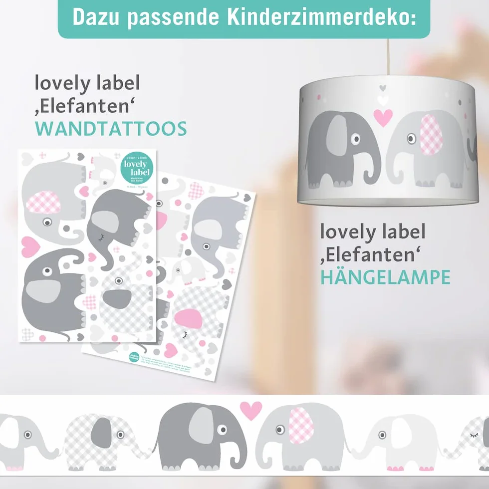bordatura da parete per bambini - con motivo di elefanti - rosa/grigio - bordo autoadesivo in tessuto non tessuto - 450x11.5 cm