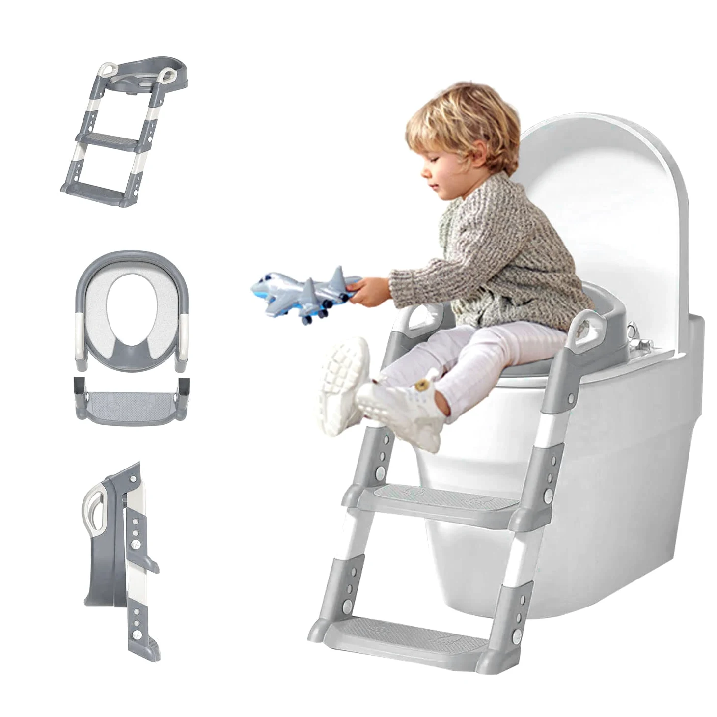 Sedile per WC per bambini e vasino per bambini | Protezione antispruzzo morbida maniglia per neonati e bambini, anello unisex con maniglie e schienale per una maggiore sicurezza (sedile WC con scala)