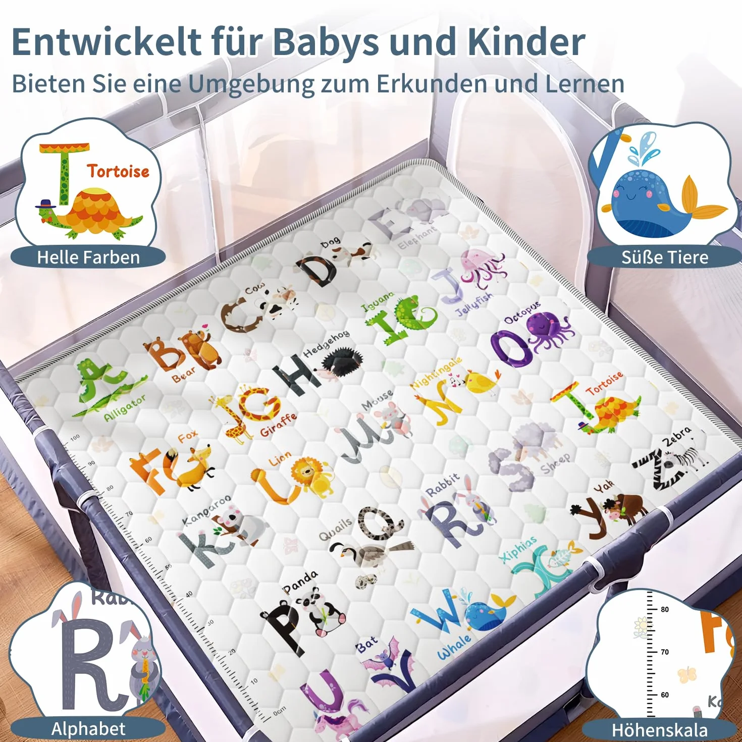 Tappeto Gioco Bambini 127x127cm,Addensare Tappeto Gioco Neonato Pieghevole con 26 Lettere,Stampa Animalier e Righello per l'altezza,Educare Tappeto Neonato,Antiscivolo,Lavabile in Lavatrice