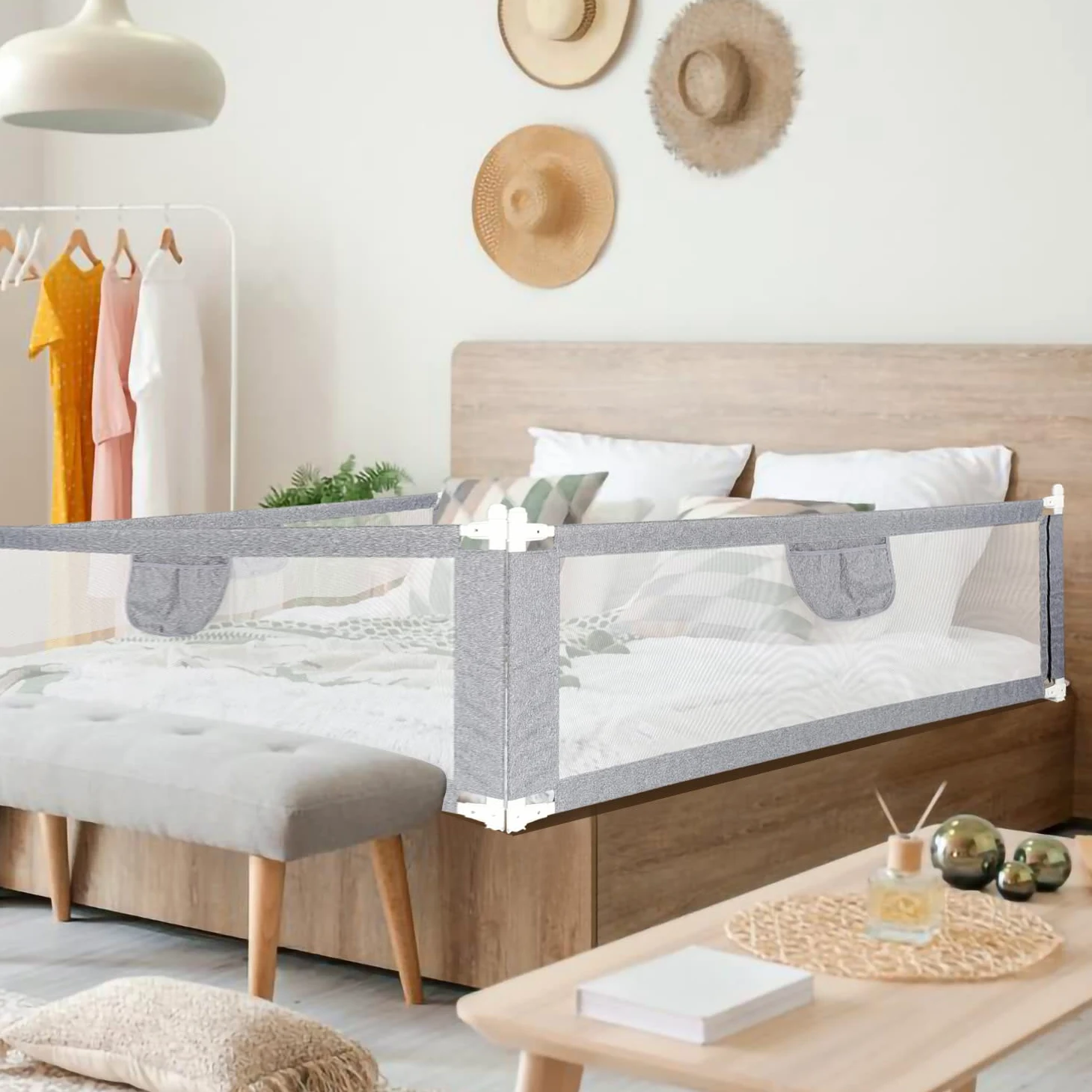 Griglia di protezione per lettino, 180 x 80 cm, per bambini, con rete ariosa, struttura stabile, facile da montare, colore: grigio