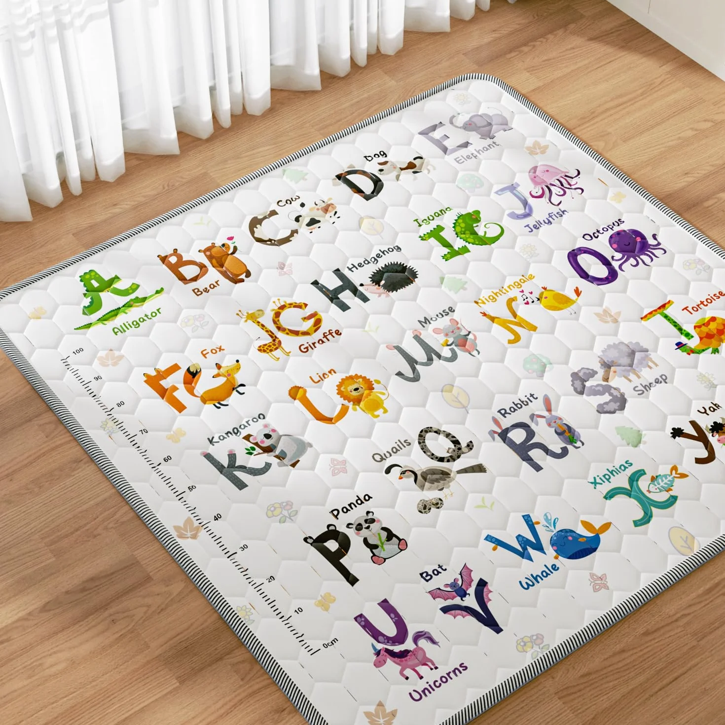 Tappeto Gioco Bambini 127x127cm,Addensare Tappeto Gioco Neonato Pieghevole con 26 Lettere,Stampa Animalier e Righello per l'altezza,Educare Tappeto Neonato,Antiscivolo,Lavabile in Lavatrice