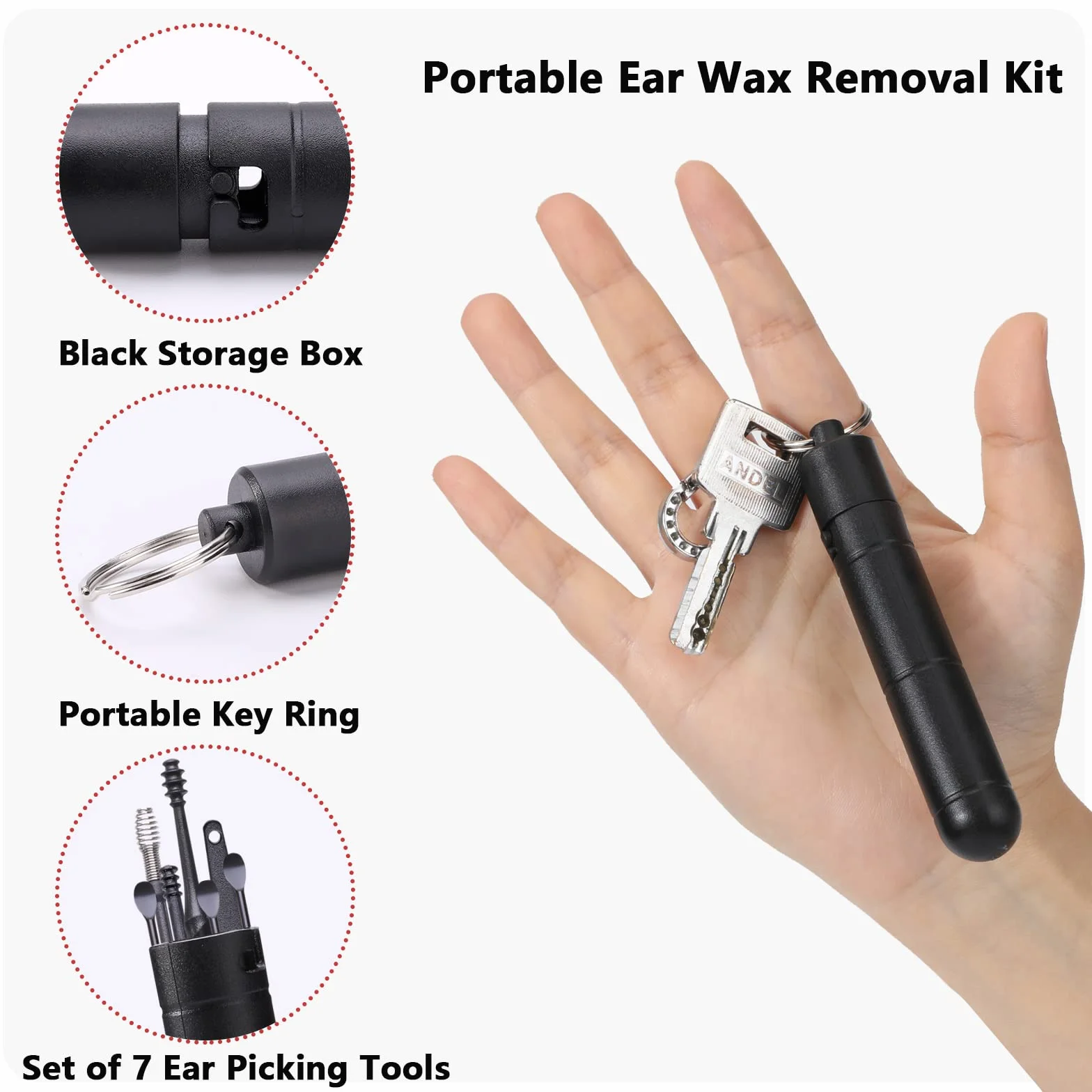 7Pezzi Pulisci Orecchie, Kit di Rimozione del Cerume Strumenti per Pulizia dell’Orecchio Riutilizzabile in Acciaio Inox con scatola portaoggetti per Adulti e Bambini Pulizia Dellorecchio, Nero