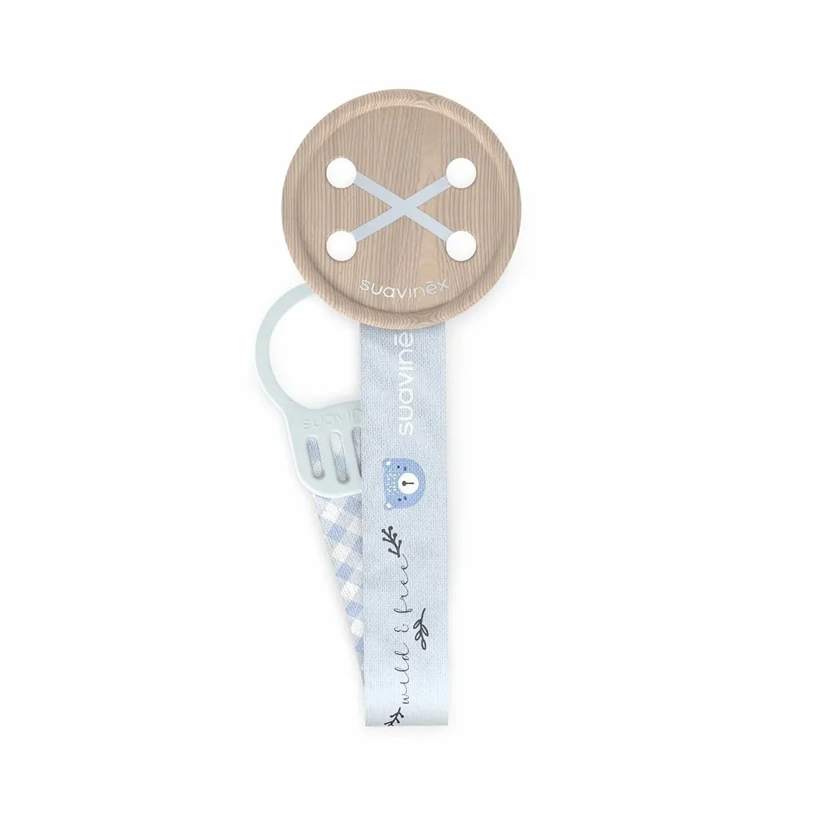 Suavinex, Chupetero de Tela para Bebé, Cinta con Diseño a Doble Cara, Cadena Chupete Bebé, Sujeta - Clip con Pinza. Para Bebés +0 Meses, Apto Recién Nacido, Wild&Free, Azul