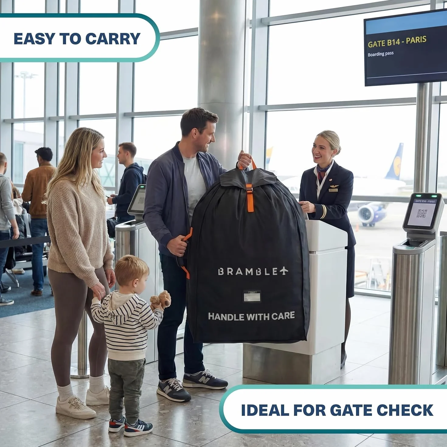 Bramble - Borsa da Trasporto Passeggino Gemellare XL per Aereo Gate Check - Nylon Balistico Idrorepellente con Spallacci Neoprene, Sacca & Finestra ID - 100 x 65 x 40 cm (Nero)