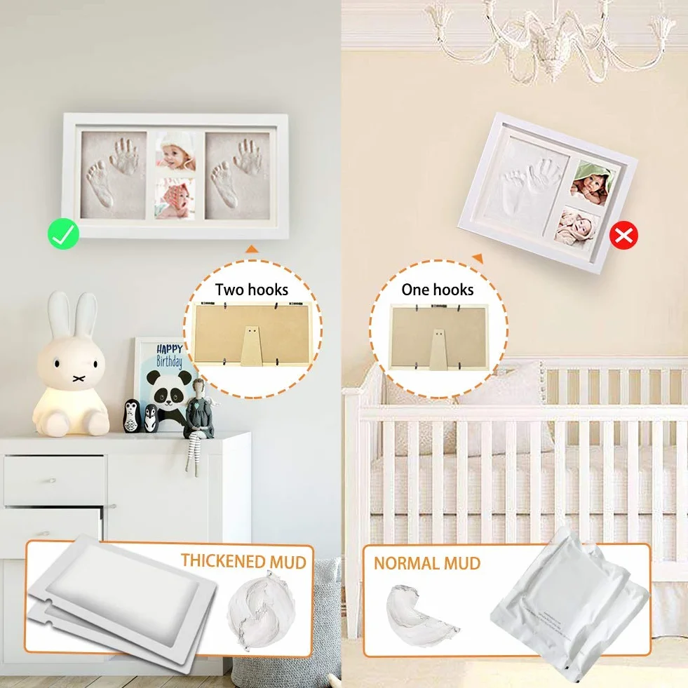 Kit con Cornice in Legno Per Impronte di Neonati, per Piedi e Mani, con 6 confezioni di Cornici in Argilla, regalo per neonata femmina e regali neonato maschio-Regali Battesimo Bimbo