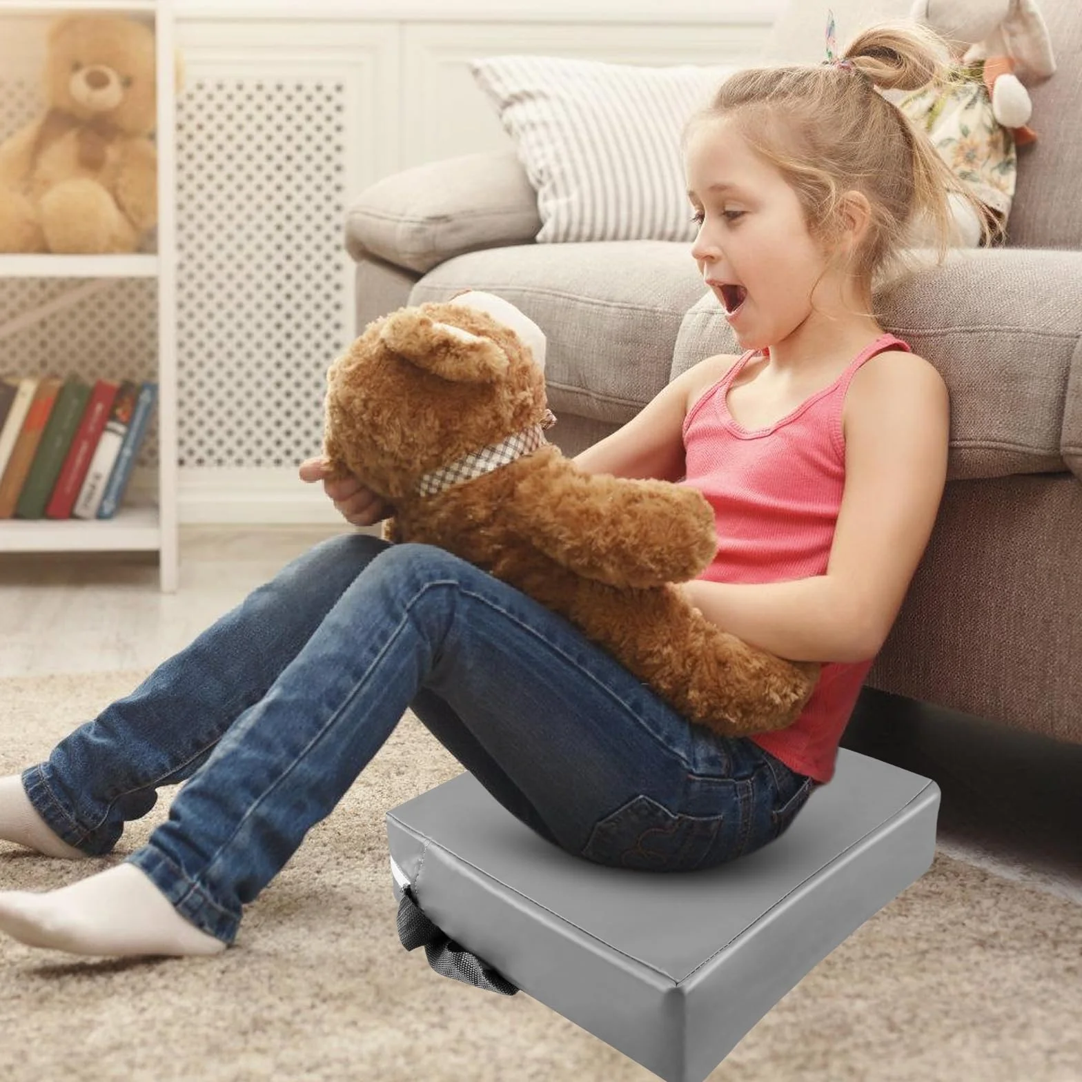Seduta rialzata per bambini, 10 cm, impermeabile, in tessuto Oxford per bambini, con fibbia di sicurezza, lavabile, smontabile, quadrato, per casa, in viaggio (grigio)