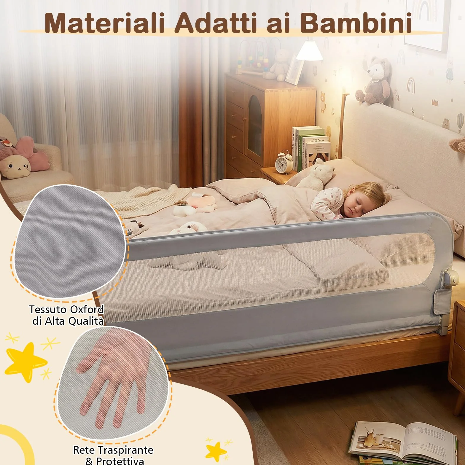COSTWAY Sponda Letto per Bambini 80/120/150/180/200 cm, Barriera di Sicurezza per Neonati, Altezza Regolabile a 3 Livelli, Barriera Letto Pieghevole, con Cinghia di Sicurezza (200 cm,Grigio)
