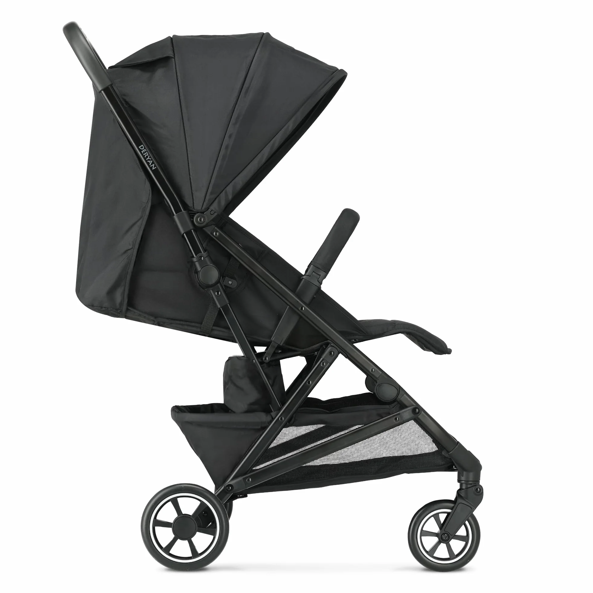 Deryan Easy, Passeggino 0+ Mesi-22 Kg, Passeggino Leggero con Chiusura Smart e Compatta, Capotte Estensibile con Trattamenti UV50+ Antipioggia, Regolabile, Poggiagambe, Nero