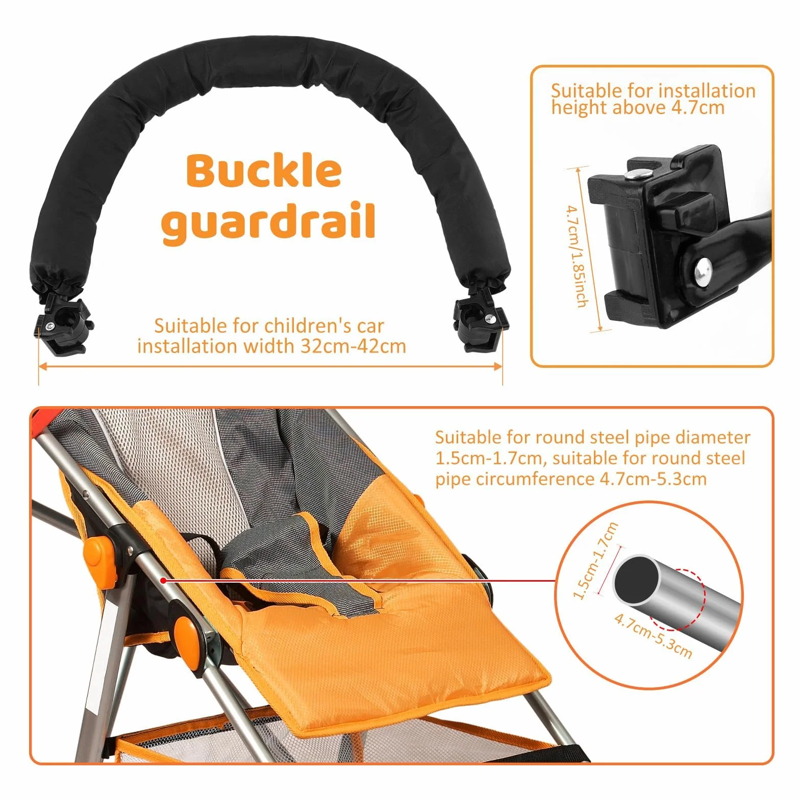 Paracolpi Passeggino 42x32 cm, Barra Passeggino Staccabile Protettivo Bracciolo Compatibile con Passeggini Larghezza 32-37 cm, Asta di Sicurezza in Acciaio- Nero