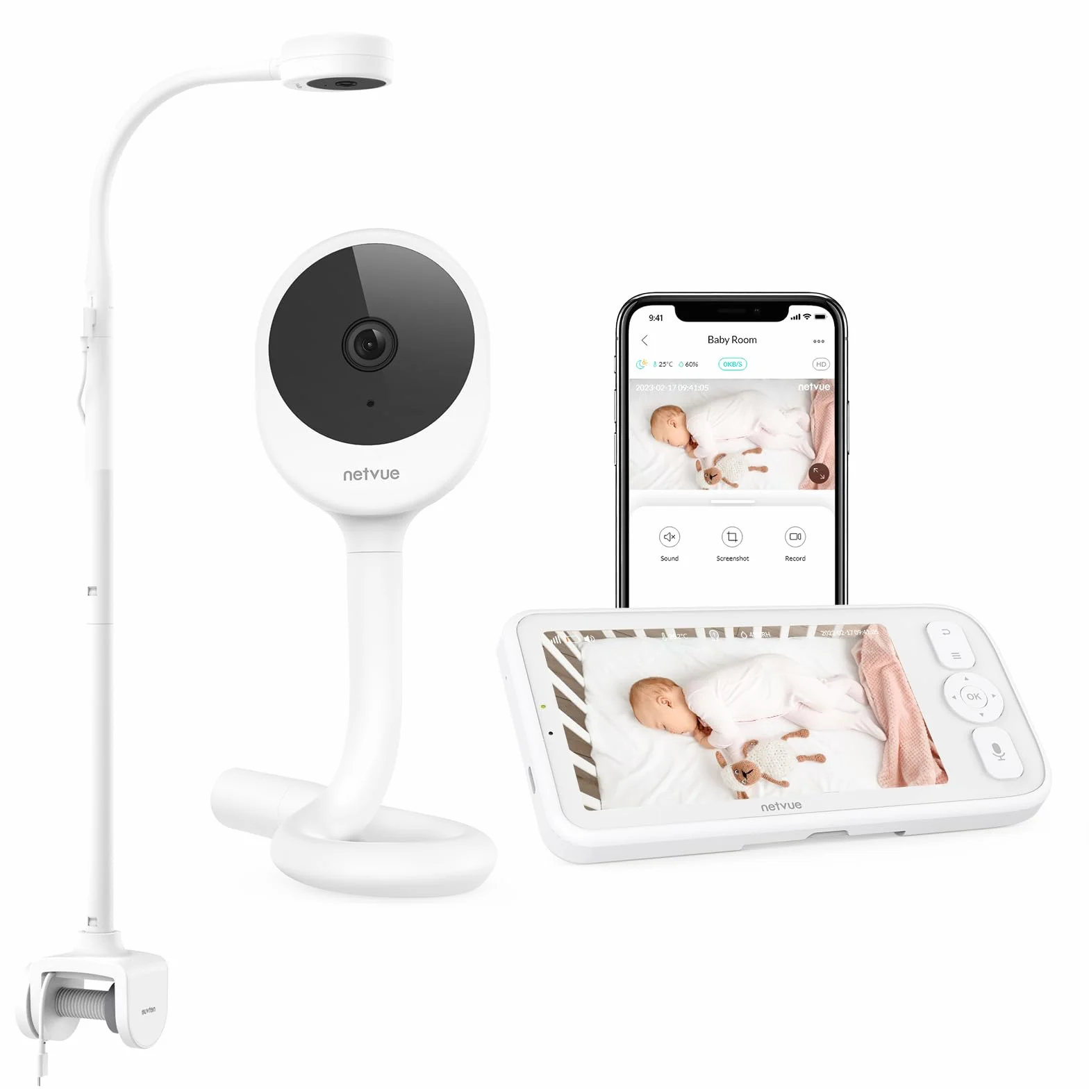 NETVUE Baby Monitor Video e Audio, Telecamera Bambini con Supporto 4 in 1, Controllo da HD 5" LCD Monitor e App Mobile, 3 Modalità di Rilevamento Intelligenti, Audio Bidirezionale, Visione Notturna