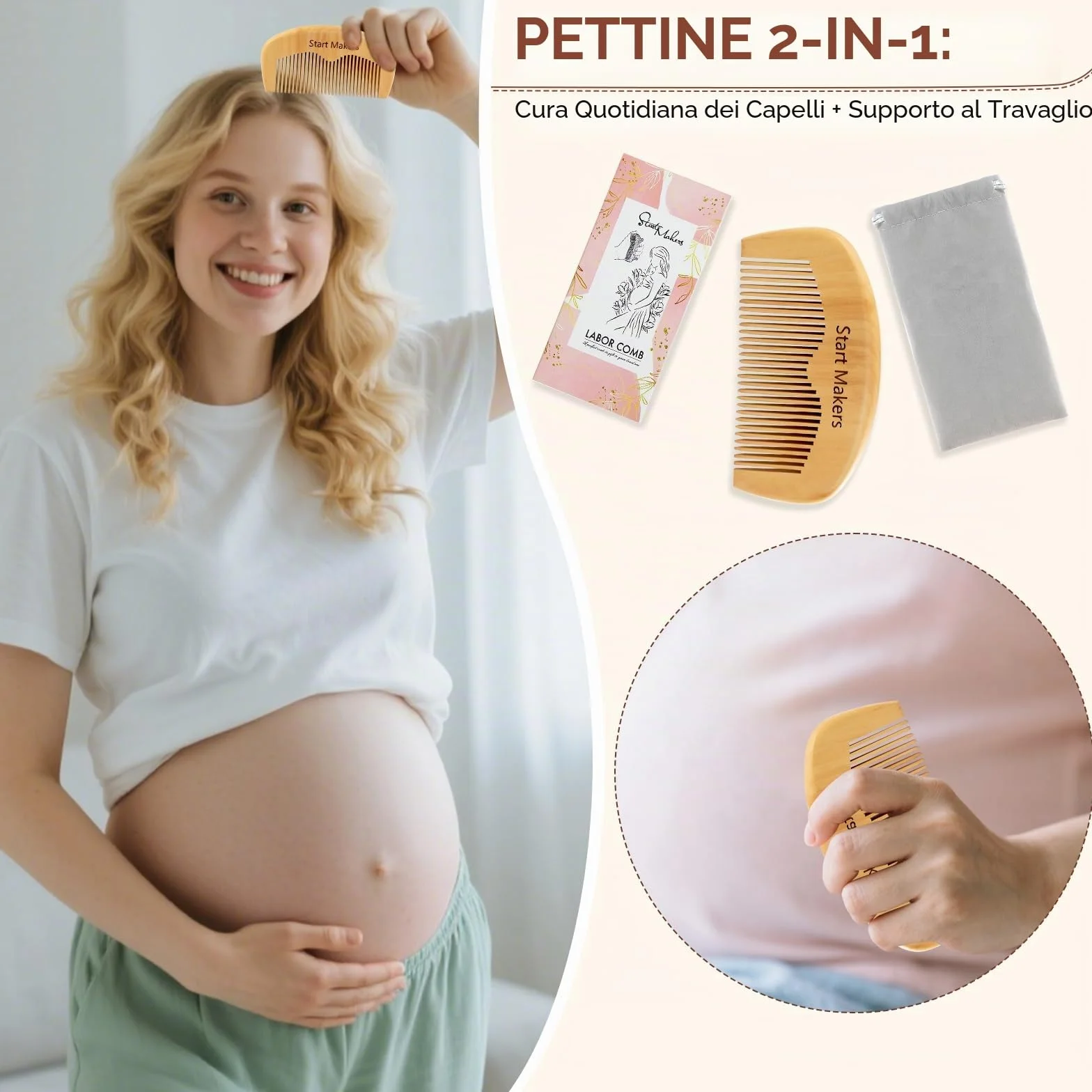 Start Makers Pettine da Parto & Pettine in Legno, Doppia Funzione per Travaglio e Capelli, Regalo Originale per Donna Incinta, Ideale per Ospedale e Dopo Parto