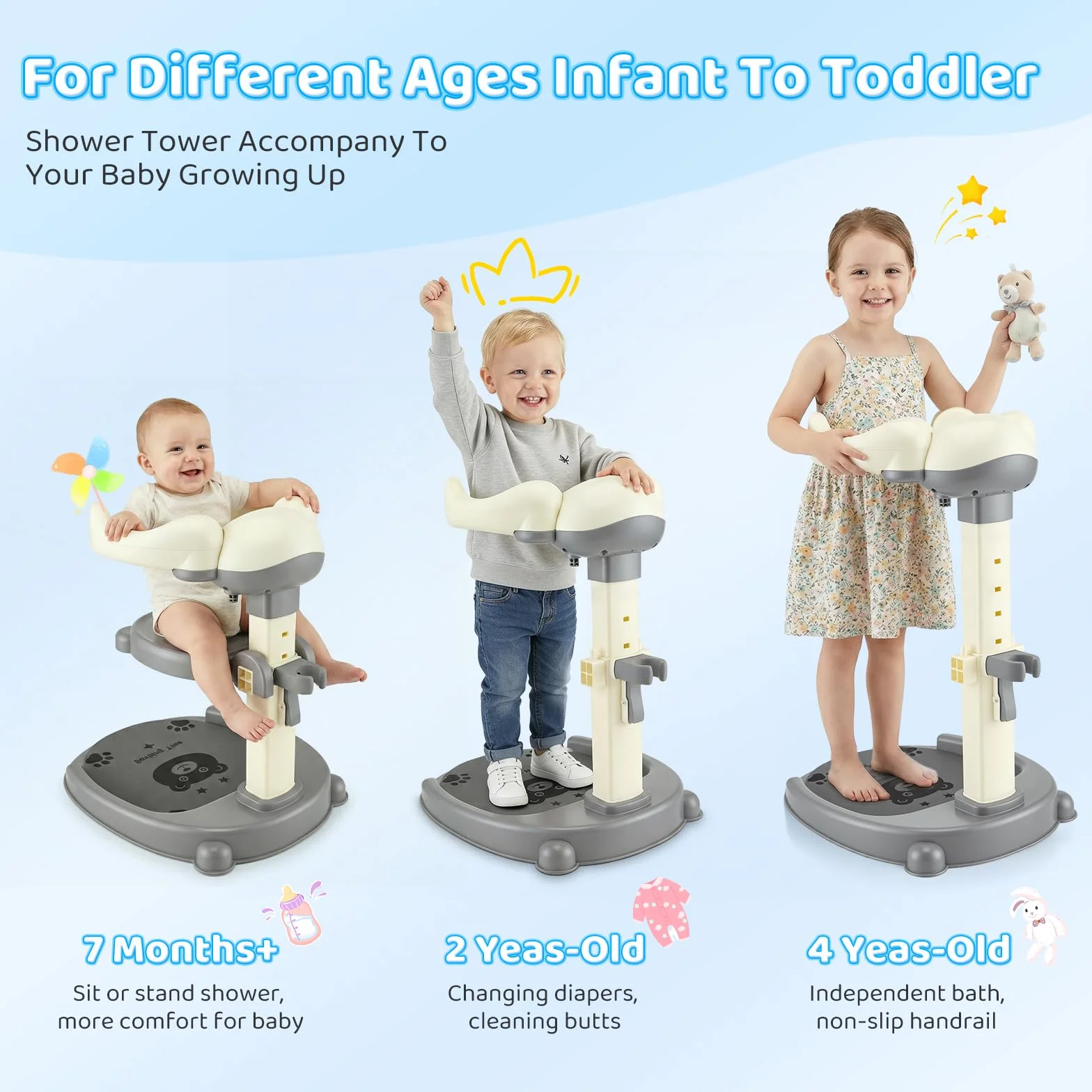 Supporto per Doccia per Bambini 2 En 1,Soporte De Baby Shower,Con Soporte Para Cabezal De Ducha,Altura Ajustable,Con Piso Sin Deslizamiento Y Mango De Seguridad,Soporte De Ducha Durante 8-36 Meses