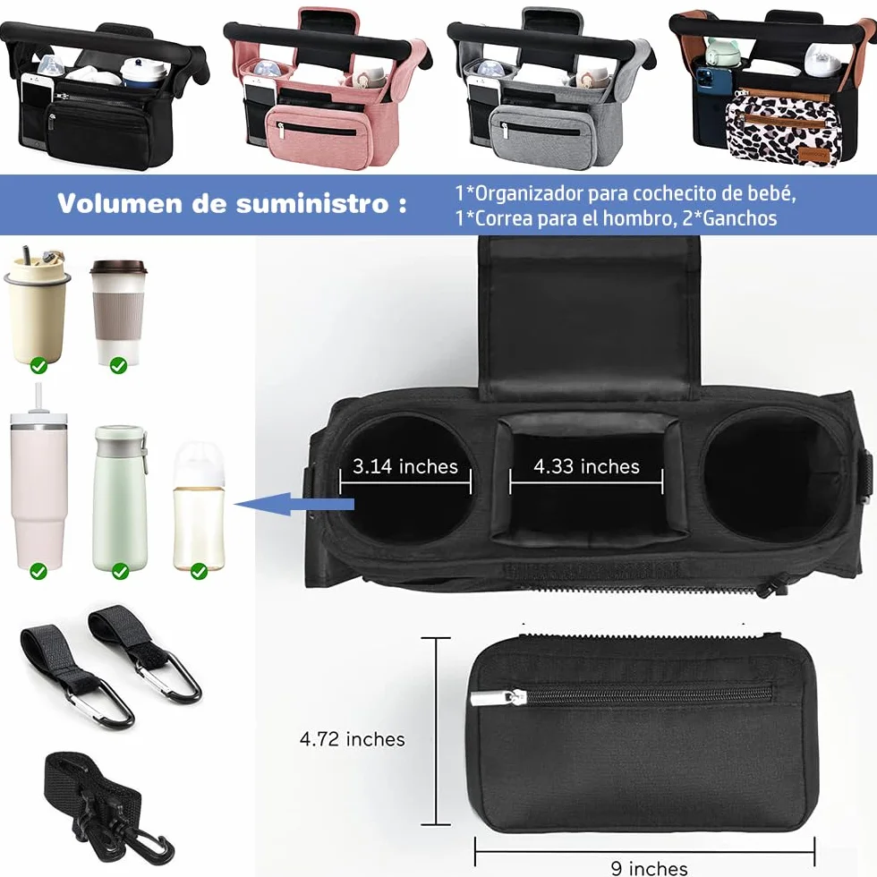 Borsa organizer per passeggino, borsa organizer per passeggino con portabicchieri isolato e tracolla regolabile, per pannolini e giocattoli, passeggino con 2 ganci (leopardo)