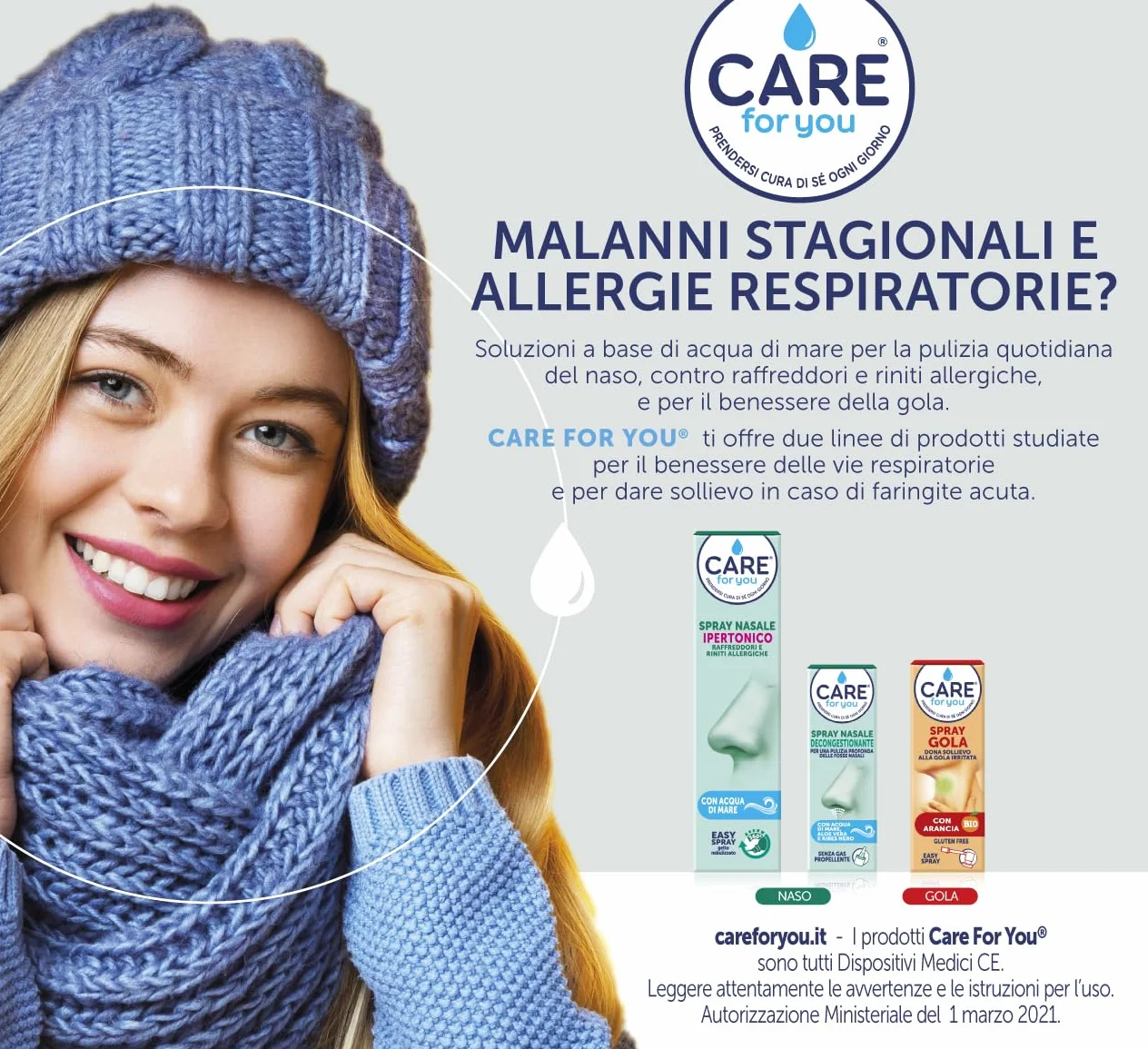 CARE for You, Spray Nasale Isotonico - Spray Lavaggi Nasali Nebulizzato, con Acqua di Mare Ricca di Oligoelementi, per la Pulizia Quotidiana Del Naso, 125 ml (Confezione da 2)