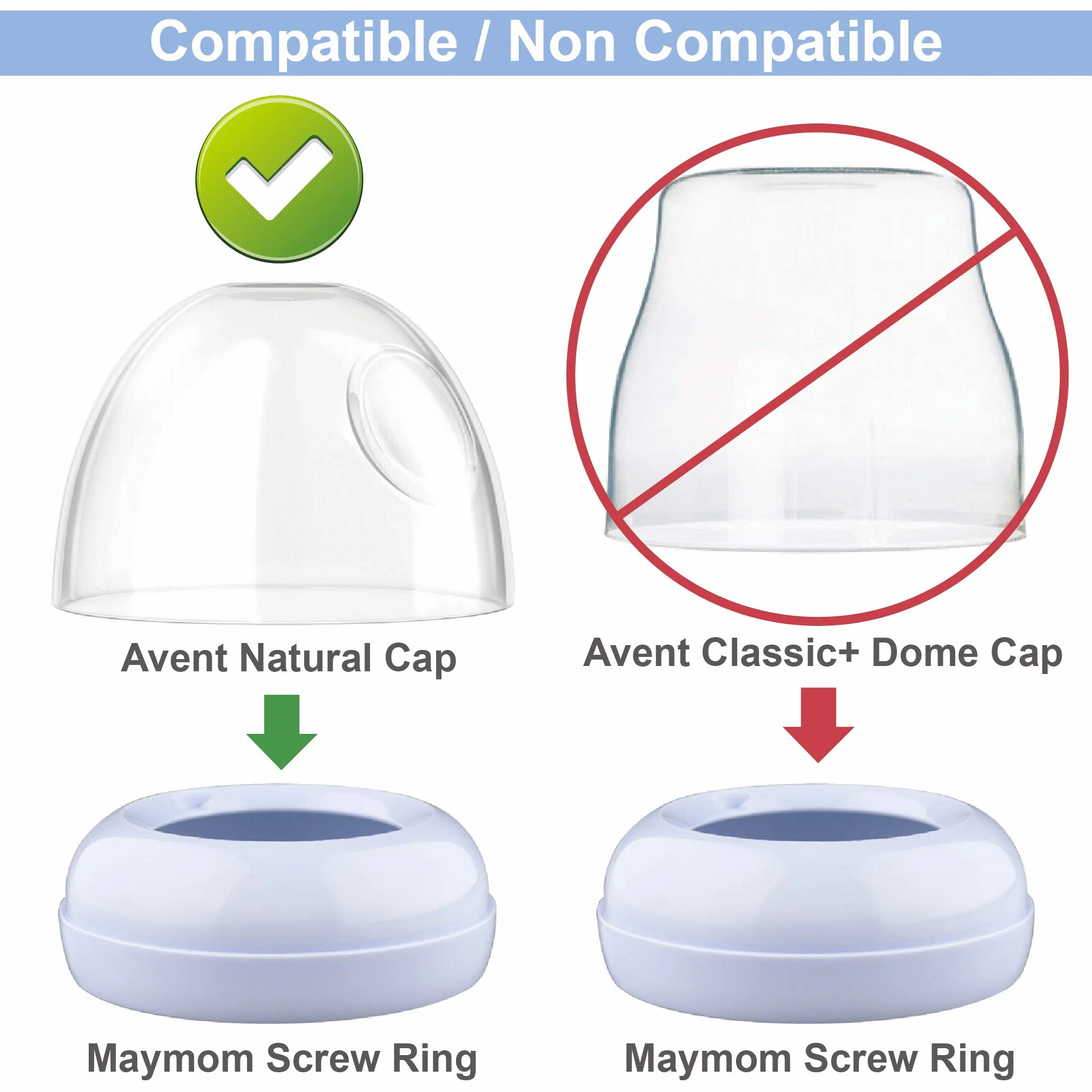 Maymom Tappi a Cupola, Anelli a Vite e Dischi di Tenuta, Compatibili con Biberon Avent Natural in PP, Senza Tettarella, per Convertire Biberon Avent Classic al Sistema Natural, Senza BPA