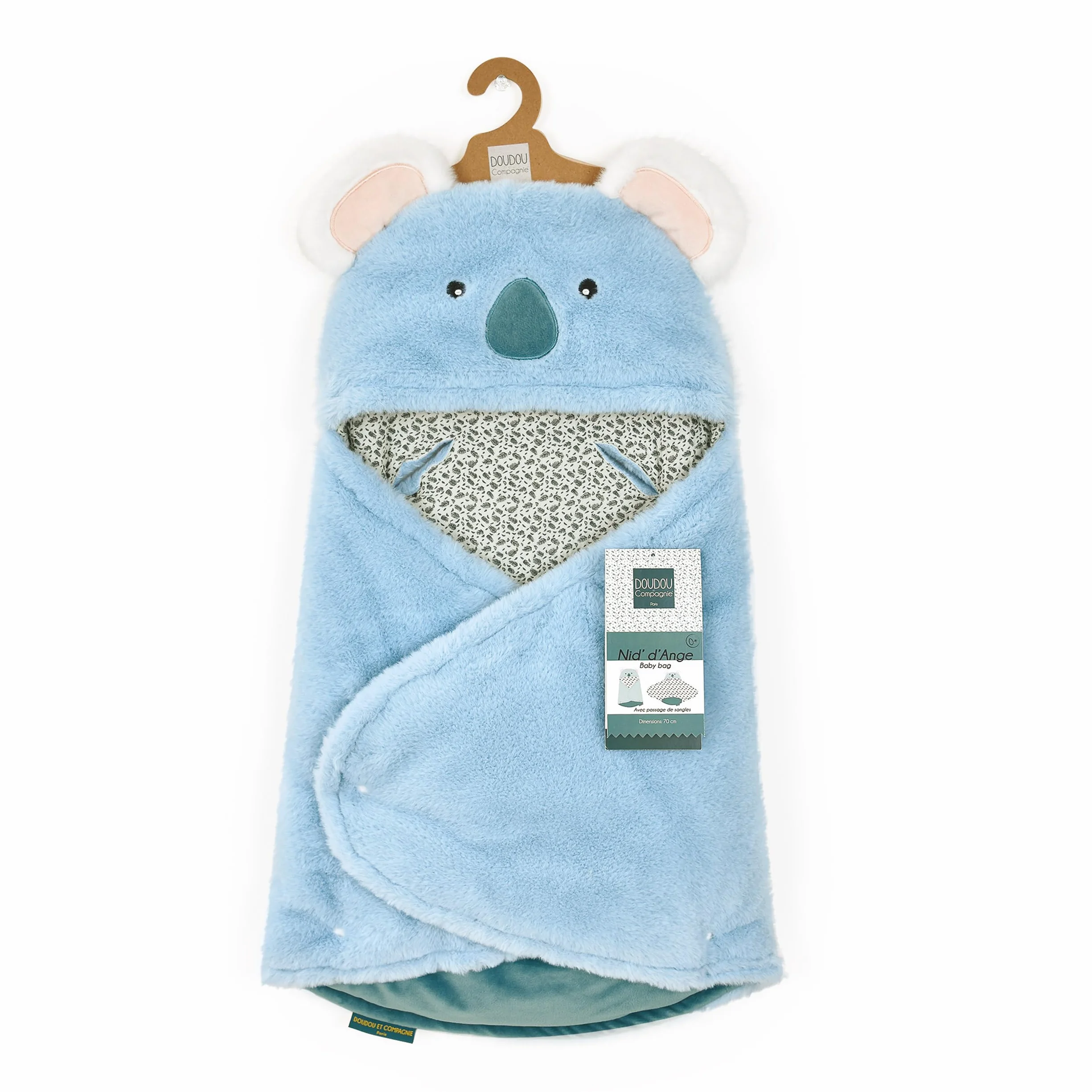 Doudou et Compagnie - Nido d'angelo accogliente YOCA LE KOALA - Materiale peluche blu e stampato - Per seggiolino auto, cosi, passeggino - Bambino 0-6 mesi - 69 cm - Regalo di nascita - DC4037