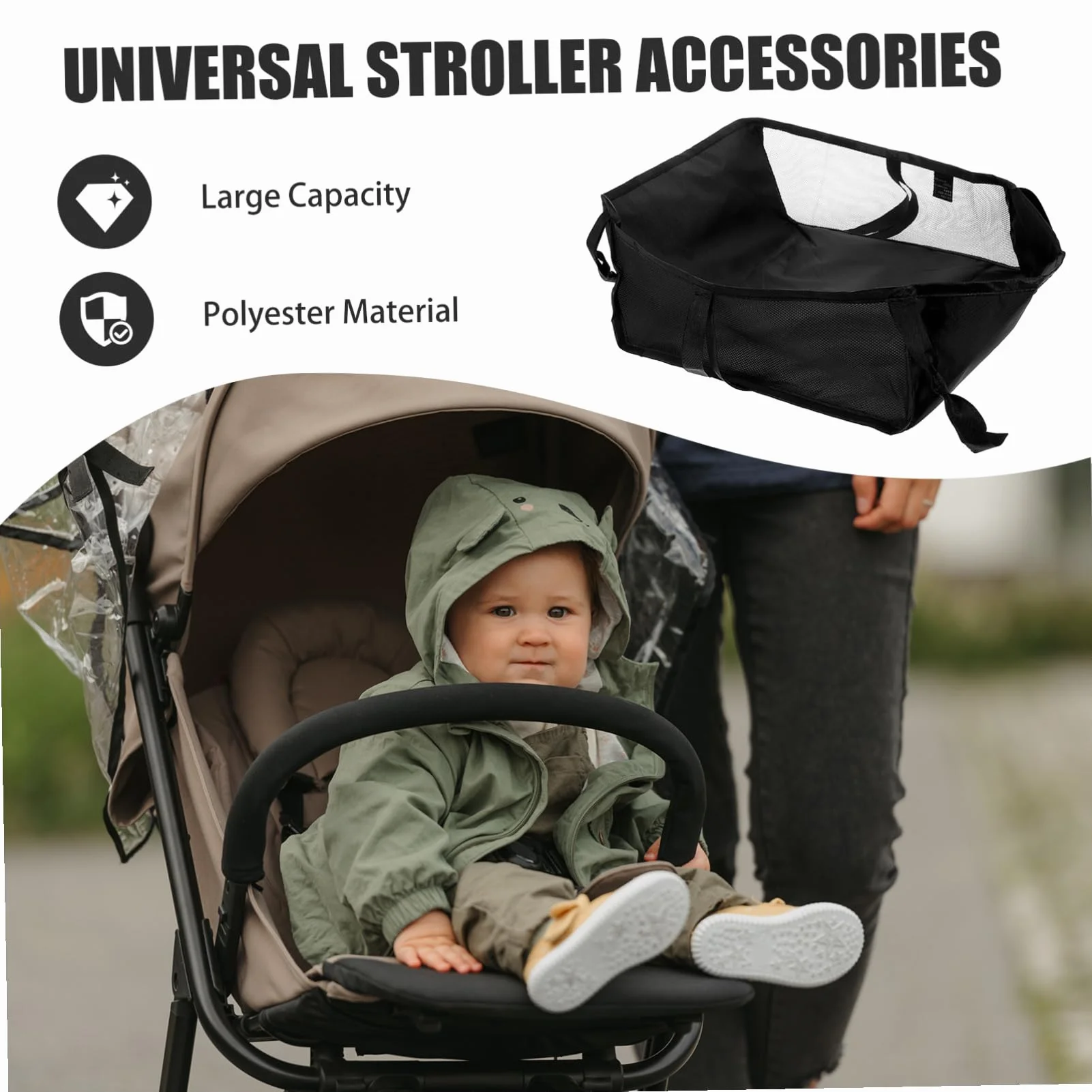 Organizzatore per Passeggino Nero in Poliestere Design a Rete Multifunzionale, Cestino Portaoggetti per Passeggino e Carrello, lo Shopping