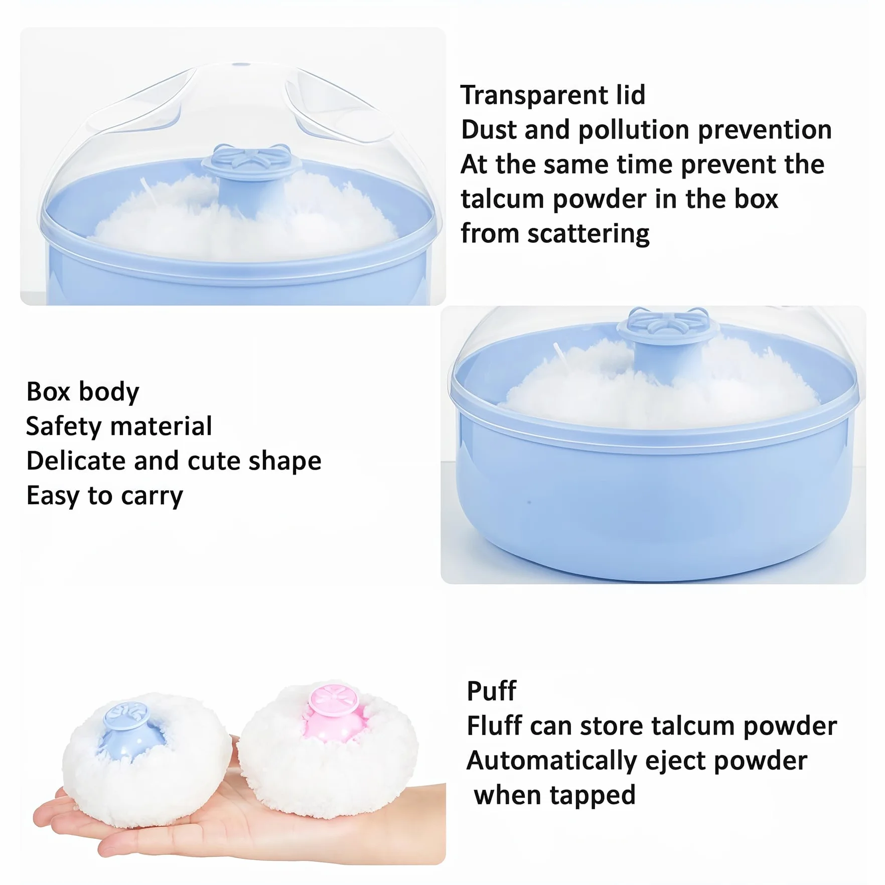 2PCS (blu + rosa) di plastica per la cura della pelle del bambino dopo lo sciolto caso polvere in polvere per il corpo fronte talco contenitore stoccaggio trucco con soffio di spugna morbida