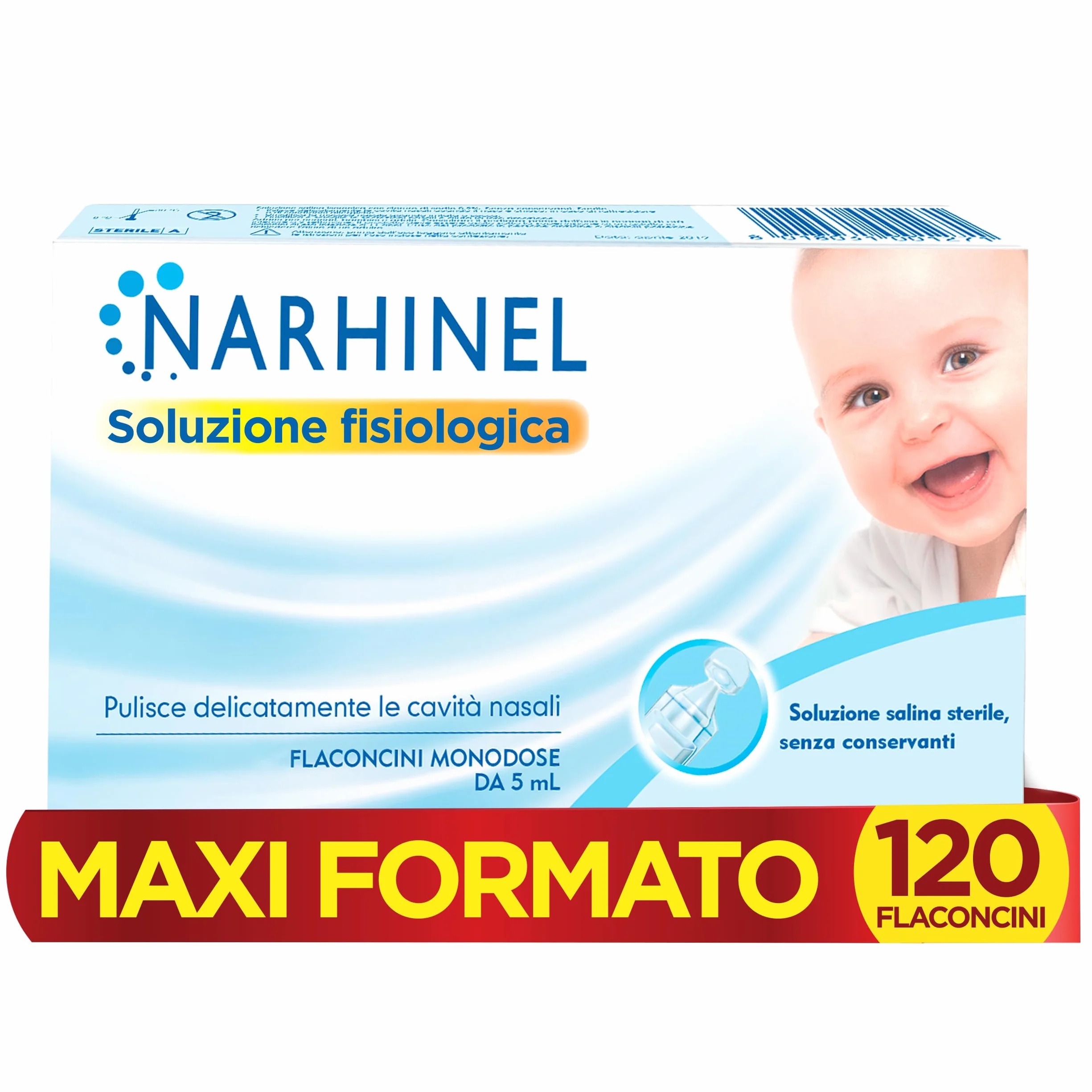 Narhinel Soluzione Fisiologica MAXI FORMATO da 120 flaconcini per lavaggi Nasali, Soluzione Salina Isotonica, Detersione Delicata in Caso di Naso Chiuso, Pacco da 120 Flaconcini Monodose da 5 ml