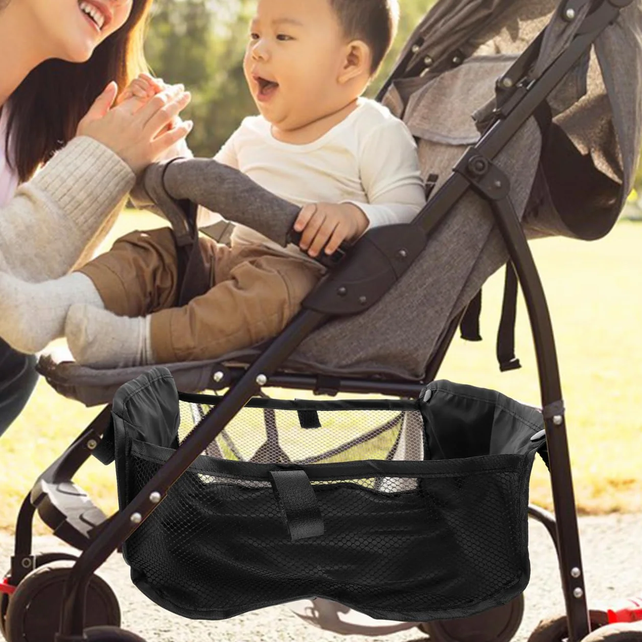 KOMBIUDA Cestino portaoggetti per passeggino in tessuto Oxford, facile organizer con grande capacità per bottiglie e piccole parti, pratico cestino inferiore per passeggini, 11,81 x 10,04 x 5,91 cm