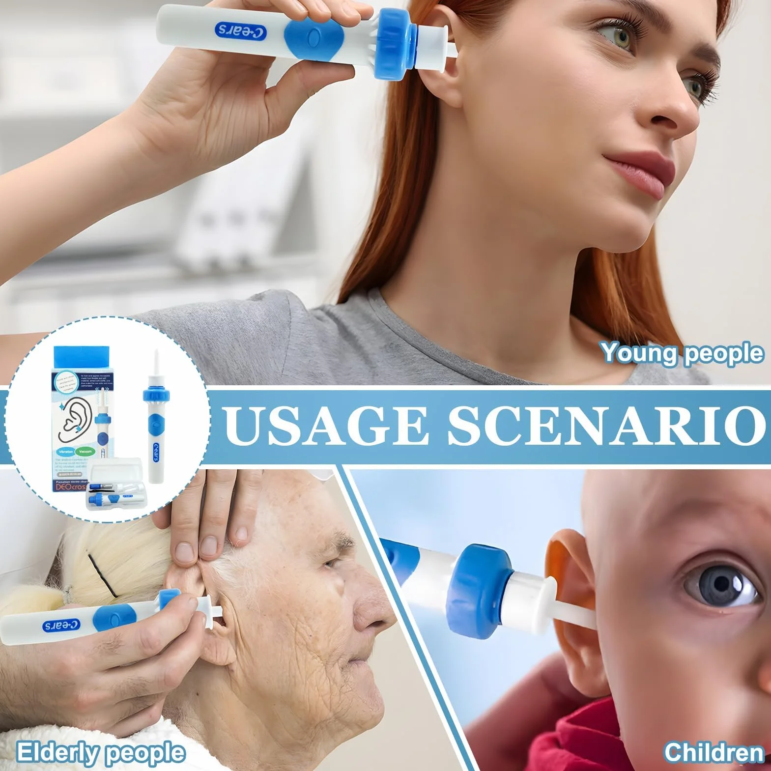 Aspiratore Cerume Orecchie Elettrico con 2 Testine Lavabili, Pulisci Orecchie a Vibrazione e Aspirazione, Pulizia Orecchie Sicura e Delicata per Adulti e Bambini, Aspira Cerume Professionale