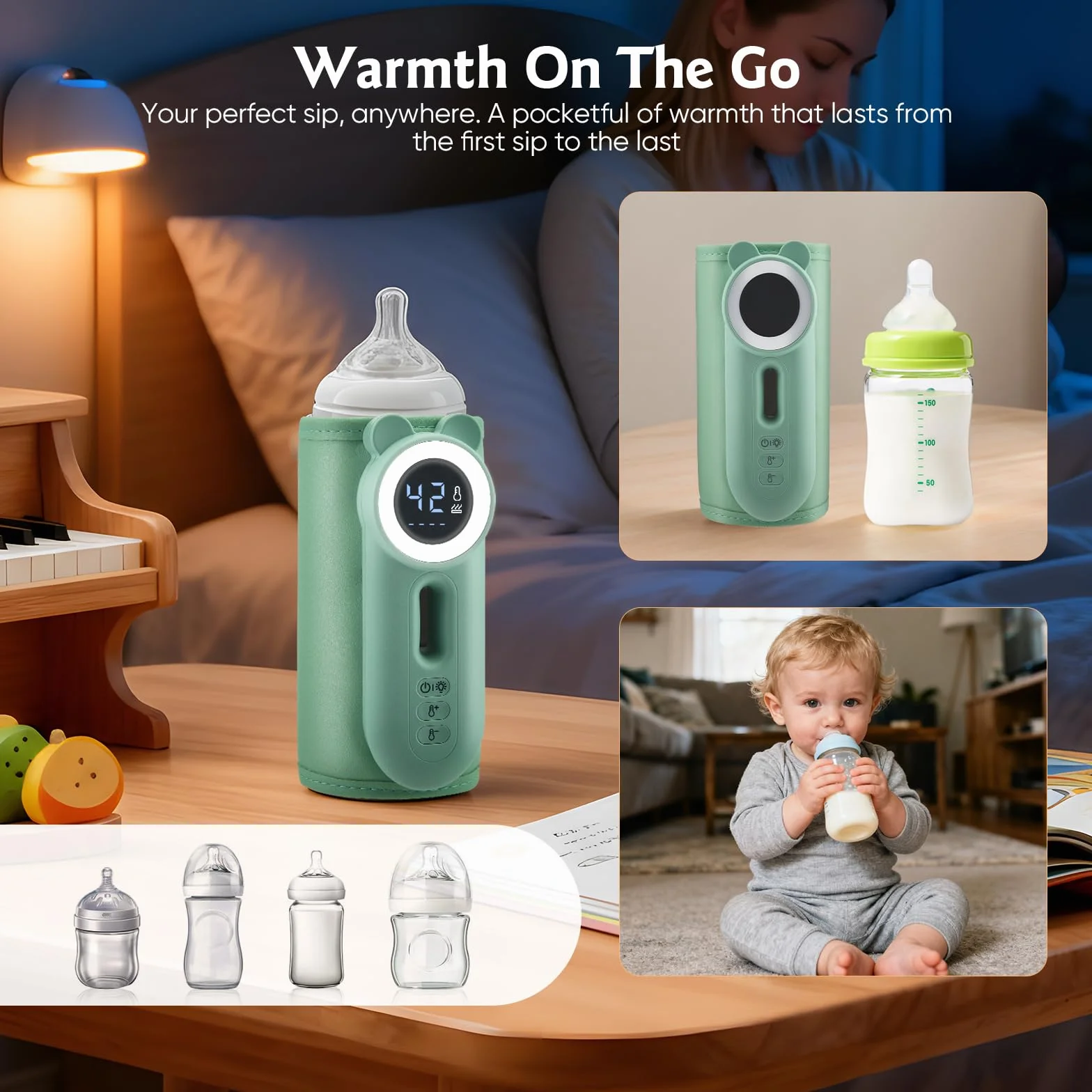 Scaldabiberon portatile in viaggio, controllo della temperatura a 11 livelli e display LED, riscaldamento rapido senza acqua, batteria da 10400 mAh, con luce notturna per viaggi e casa (verde)