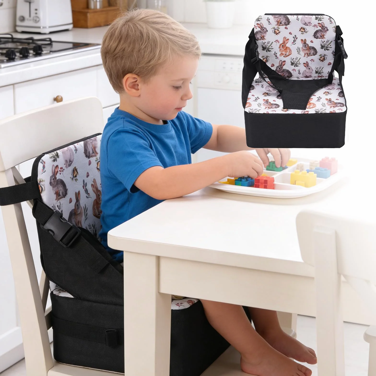 3 Sedia Che Aumenta il Cuscino, Booster per Bambini Pieghevole Portatile con Schienale, Fissaggio Stabile e Design Non Slip per Tavolo da Pranzo, Prova D'acqua e Facile da Pulire