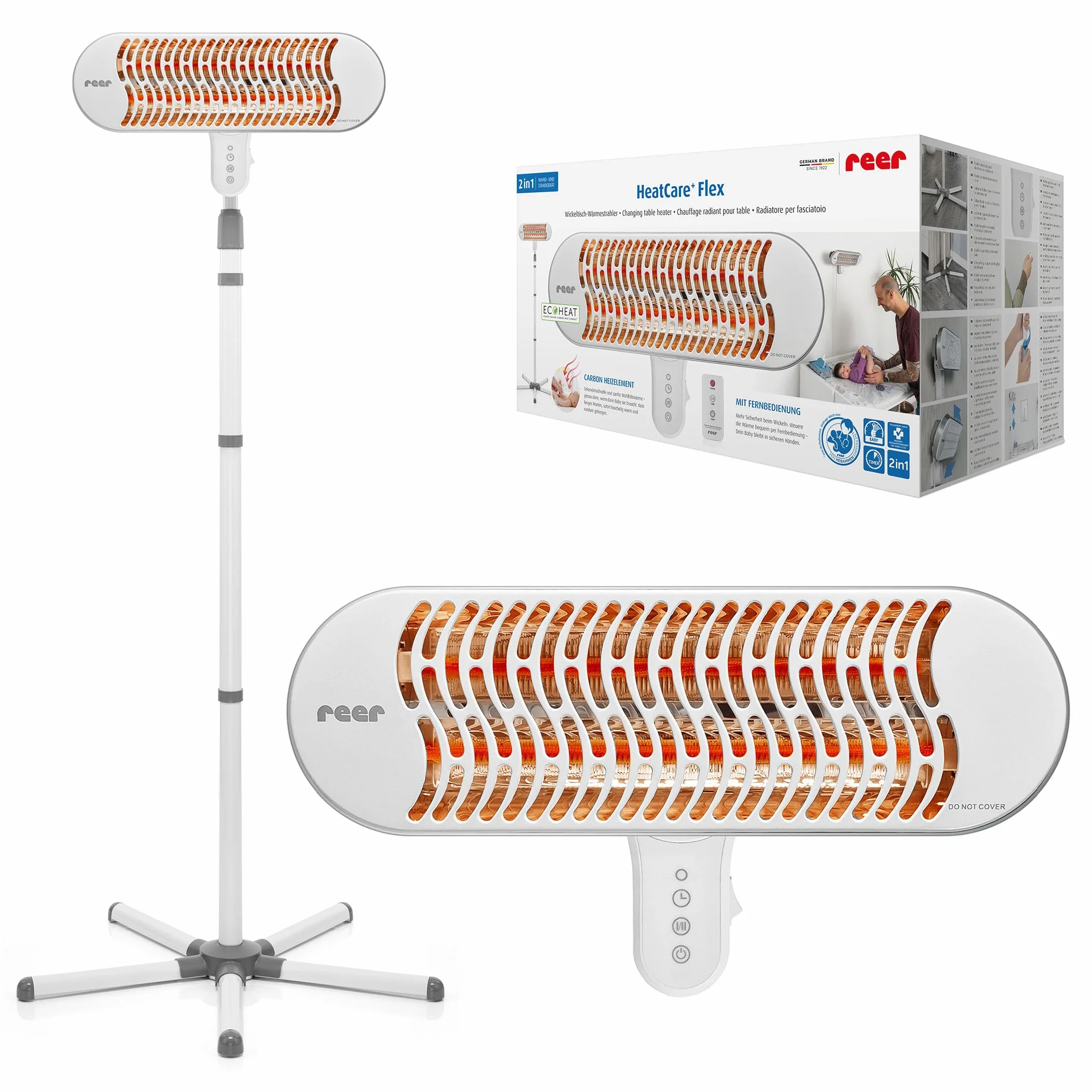 reer HeatCare+ Flex - Radiatore termico per fasciatoio, elemento riscaldante EcoHeat Carbon | riscaldatore a infrarossi con base e testa inclinabile, dispenser di calore per bambini, a risparmio