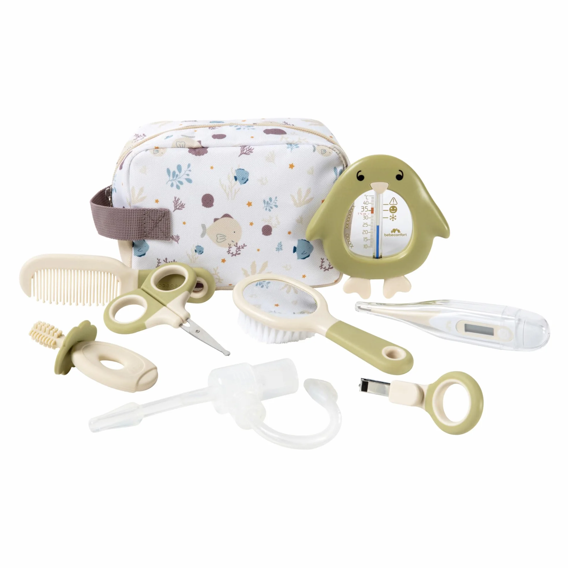 Bebeconfort Essential Set Cura Neonato, Set Toilette Neonato con Termometro, Forbici, Tagliaunghie, Pettine e Spazzola, Aspiratore nasale, idea regalo nascita, custodia inclusa, Under the Sea