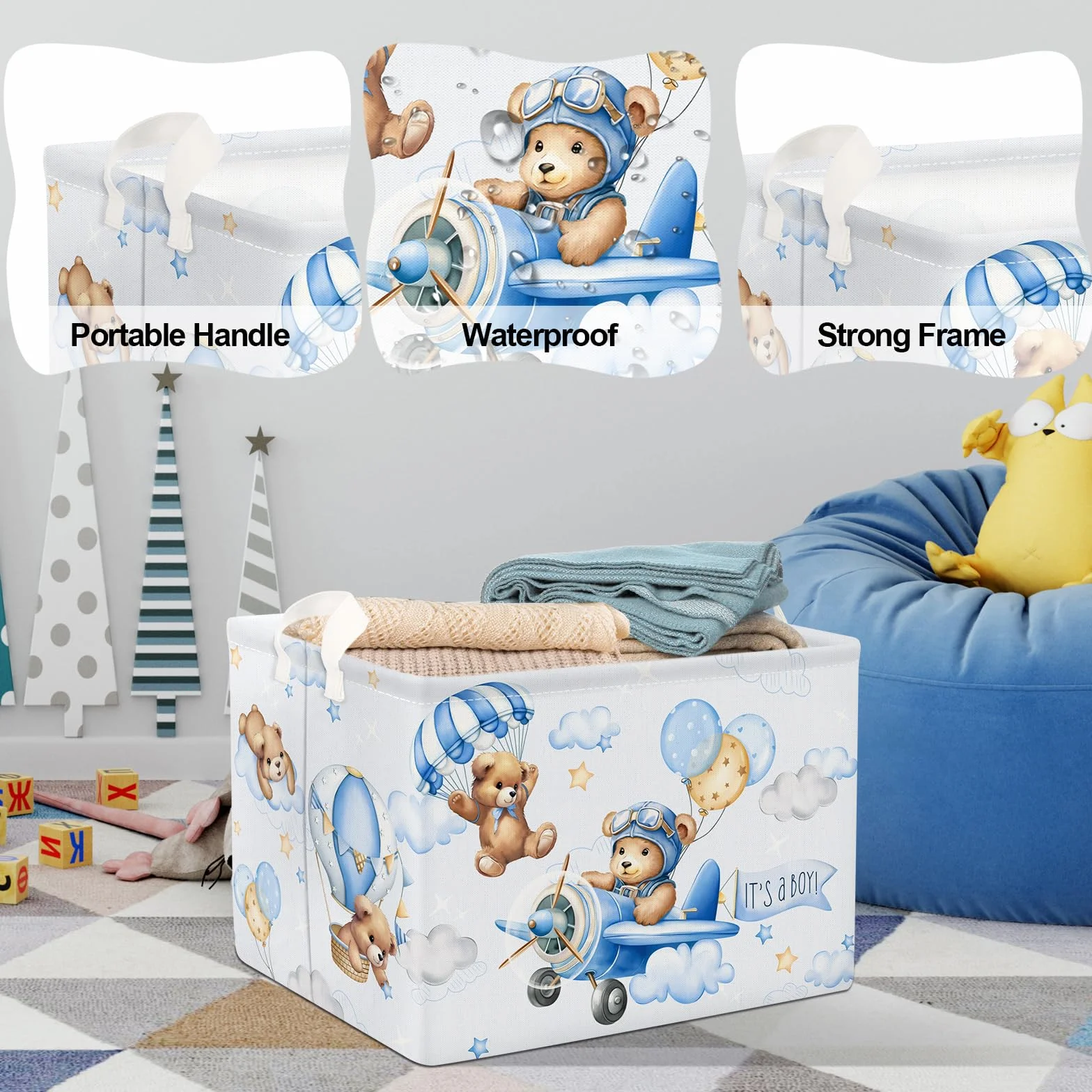 Clastyle Grande Cestino Portaoggetti Orso Pilota Palloncini Blu con Maniglia Ceste per la Biancheria Pieghevole Rettangolare Vestiti Giocattolo per Camera dei Bambini Bagno