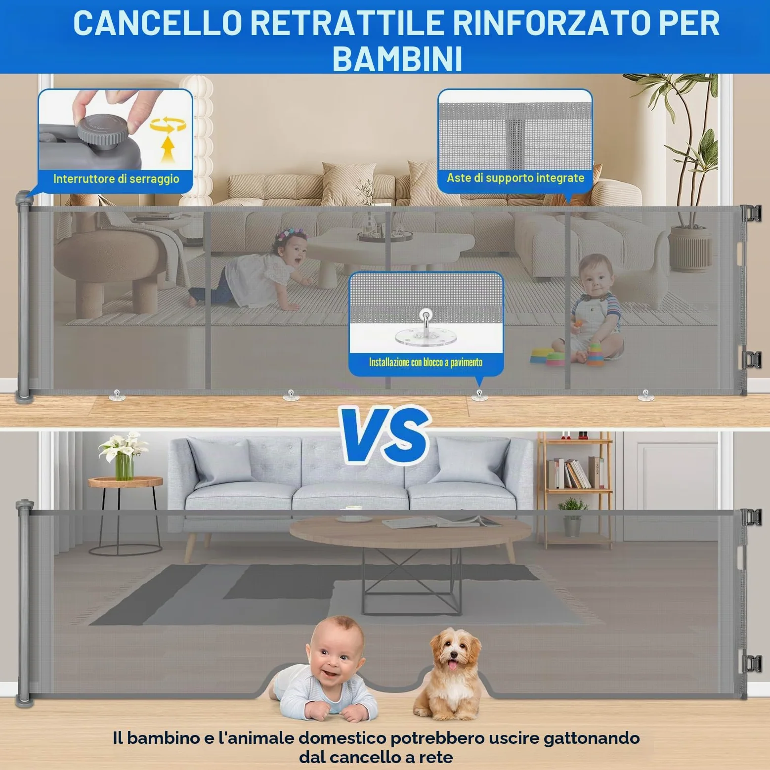 Cancelletto di Sicurezza Retrattile per Bambini, 0-500 cm (Grigio) | Cancelletto Estensibile per Bambini Scale e Corridoi Interni ed Esterni Cancello per Cani