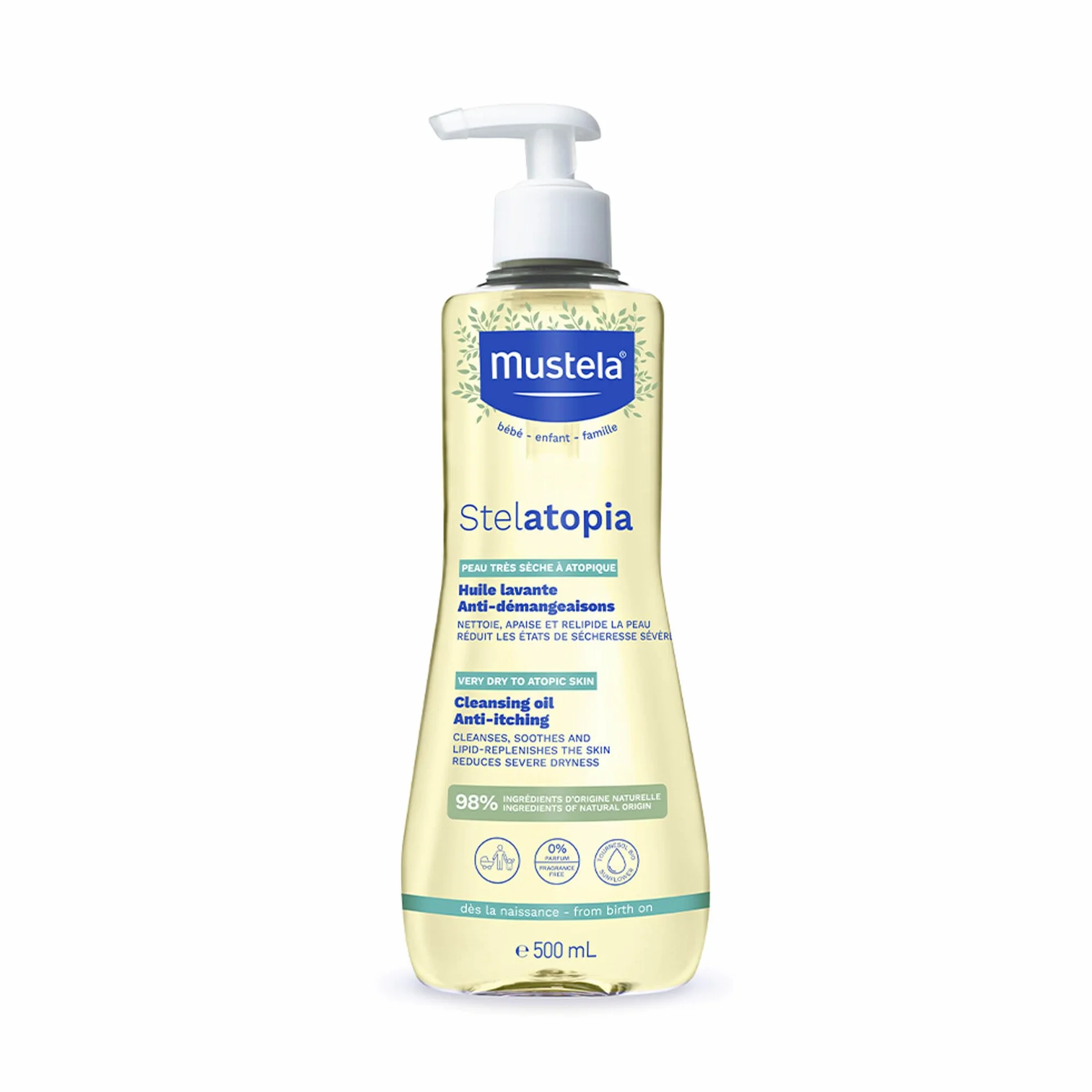 Mustela Stelatopia Olio Bagno per Pelle con Estrema Secchezza o Dermatite Atopica, Corpo e Capelli, Neonati, Bambini, Tutta la Famiglia - Detersione Quotidiana, Reintegra i Lipidi della Pelle (500ml)