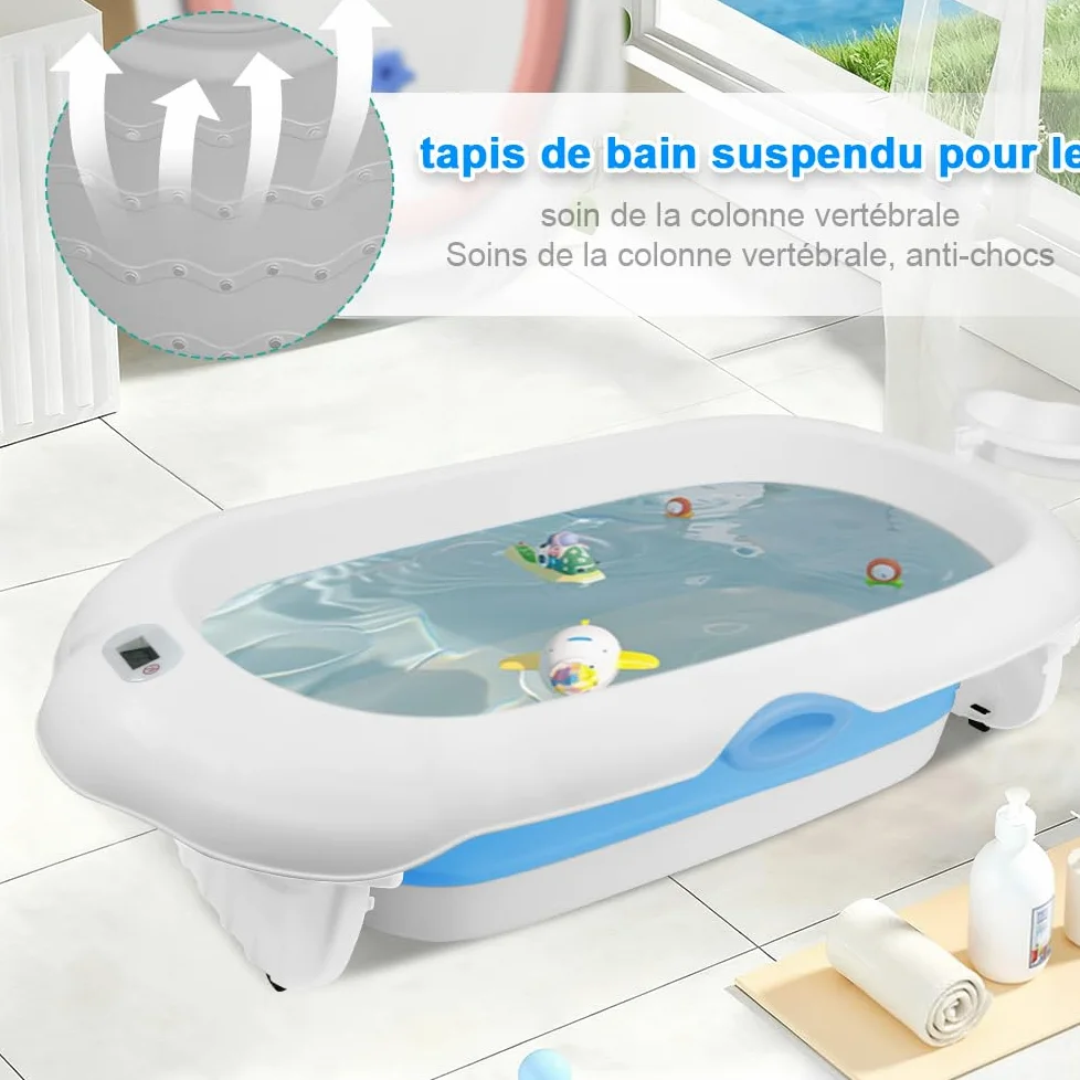 Vasca da bagno pieghevole con cuscino di supporto per il bagno, con cuffia da bagno impermeabile, supporto, termometro, pieghevole compatto e facile da pulire