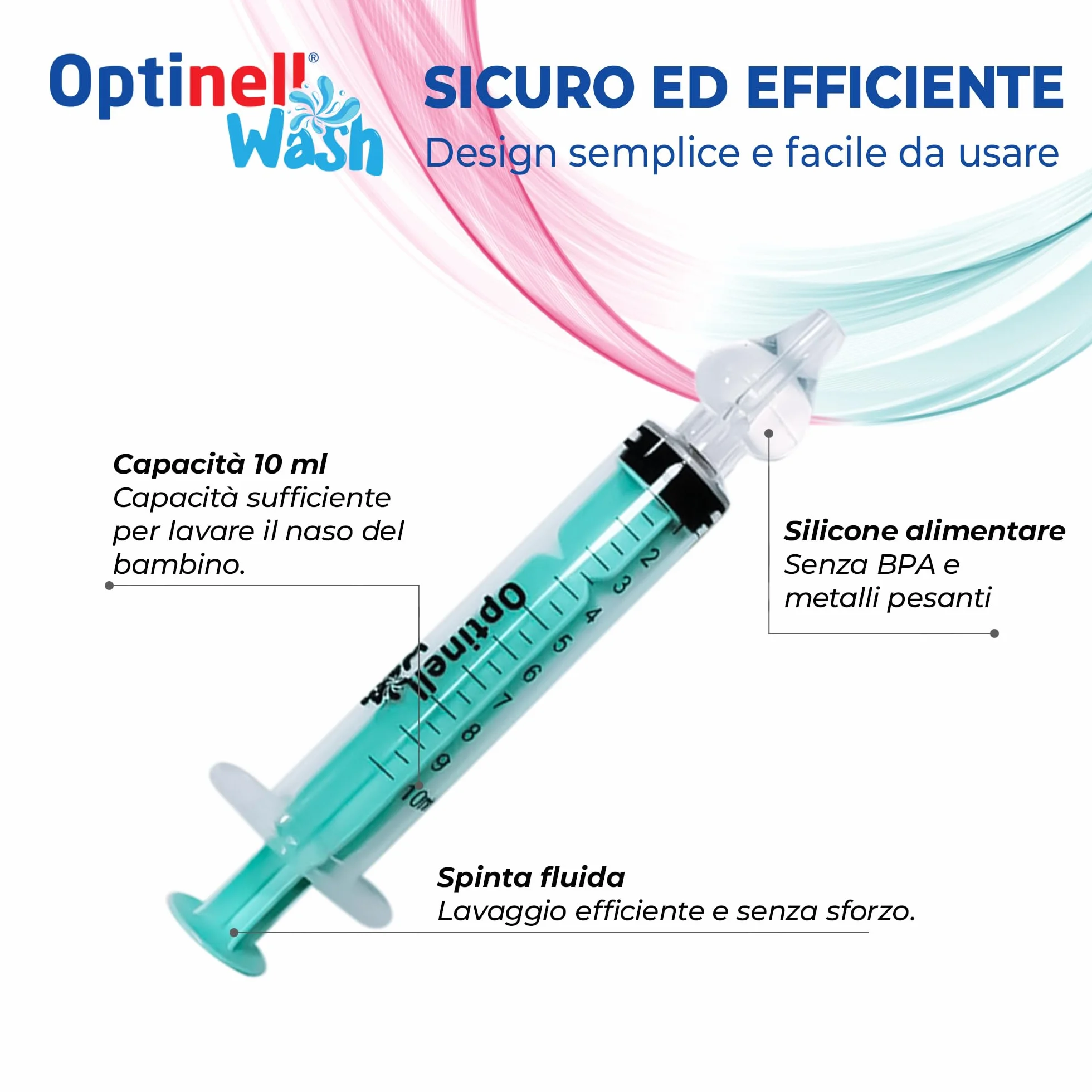 Optinell Wash – Siringa per Lavaggi Nasali Bambini 10ml con Beccuccio in Silicone Morbido | Kit Lavaggio Nasale per Neonato e Bambino | Senza BPA, Riutilizzabile, Igienico (2 Pezzi)