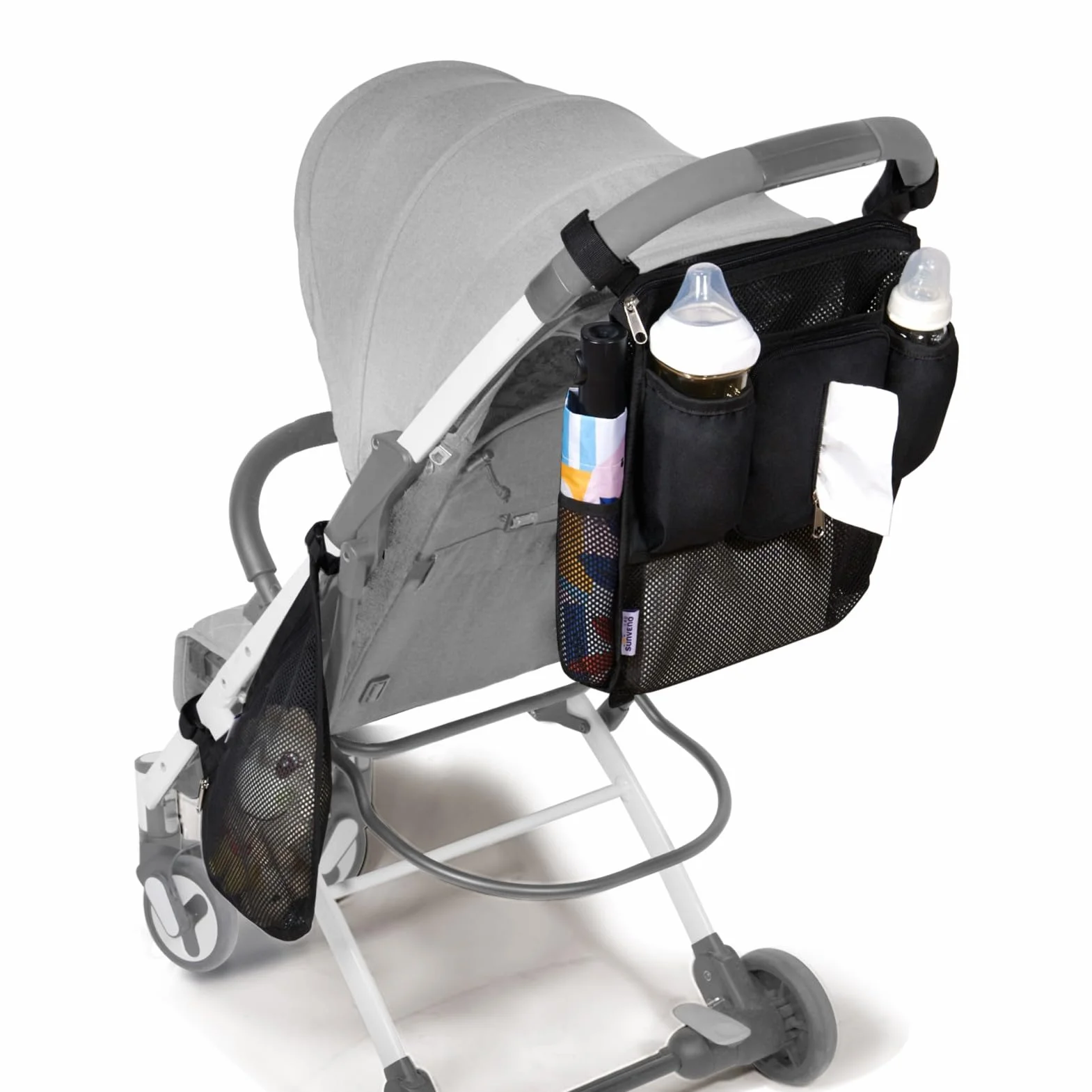 SUNVENO Organizer universale 2 in 1 per passeggino, portabicchieri isolati, tasca per telefono/polso con cerniera, tracolla laterale in rete, cinghie antiscivolo regolabili, si adatta alla maggior