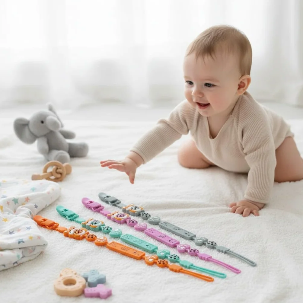 Catenella portaciuccio in silicone, 2 in 1 e design monoblocco, per neonati e ragazzi, senza BPA, confezione da 3 pezzi