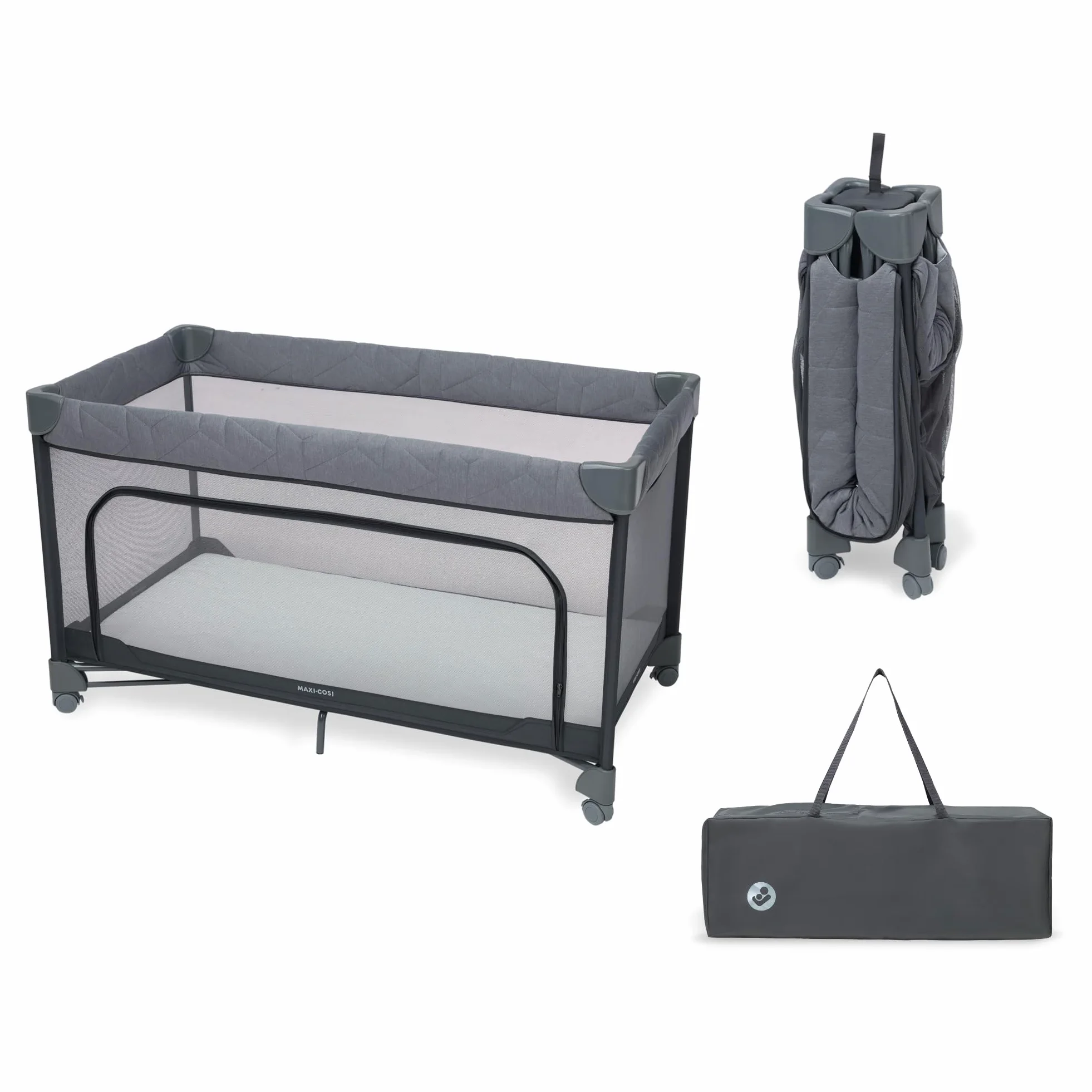 Maxi-Cosi Merlin, 2 in 1 Culla da Campeggio Neonato & Area Giochi, 0-4 Anni, 0-18 kg, Lettino da Viaggio Bambini, Chiusura in 1 Secondo, Materasso 120x60 cm, Finestra Laterale, Elegance Graphite