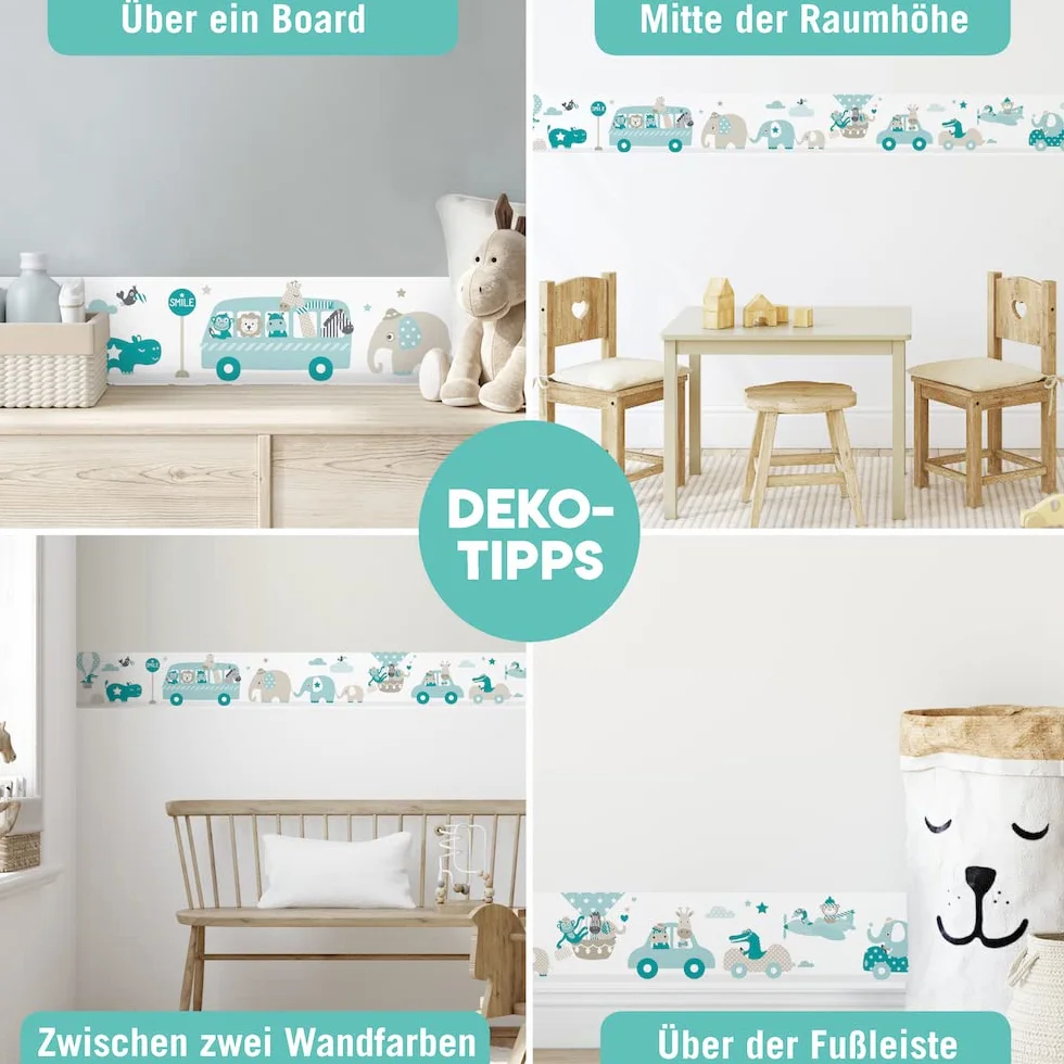 bordo autoadesivo, 450 x 11,5 cm, con motivo di escursione degli animali, beige-menta-turchese