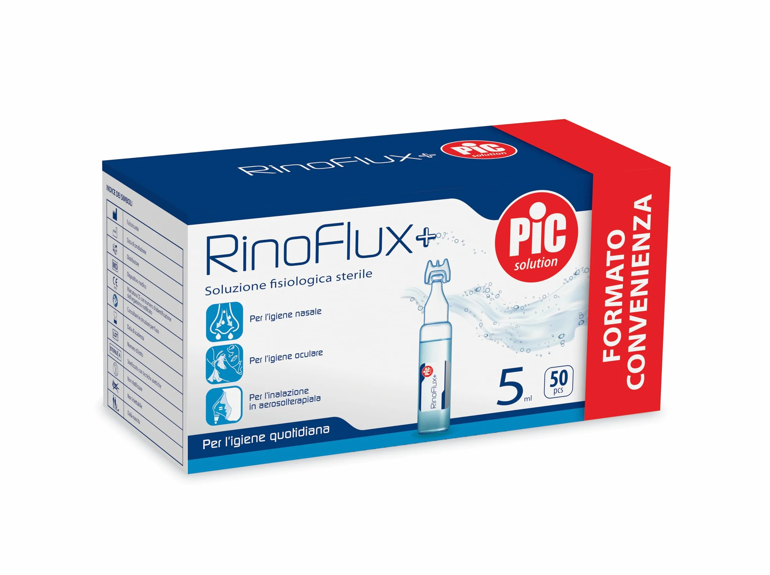 Pic Solution – Soluzione Isotonica Fisiologica Salina per Detersione di Naso,Occhi e per l'Inalazione in Aerosol,Adatto a Neonati,Bambini e adulti in Flaconcini Monouso da 5ml,confezione da 50 pezzi