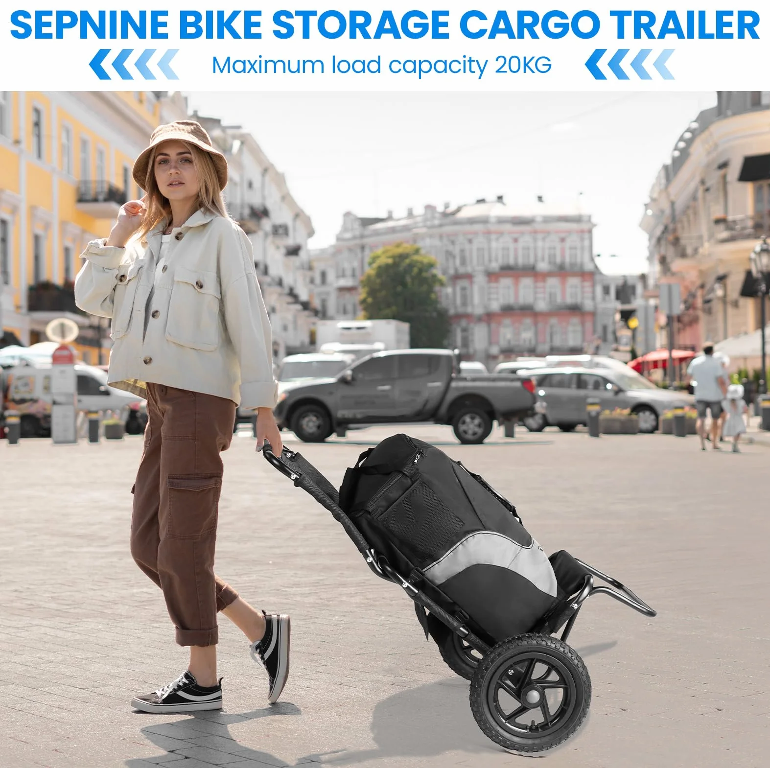 SEPNINE Rimorchio per carico bicicletta 2 in 1, carrello per la spesa, carrello a mano, telaio in acciaio legato, leggero pieghevole con pneumatici da 30 cm, peso di carico 20 kg