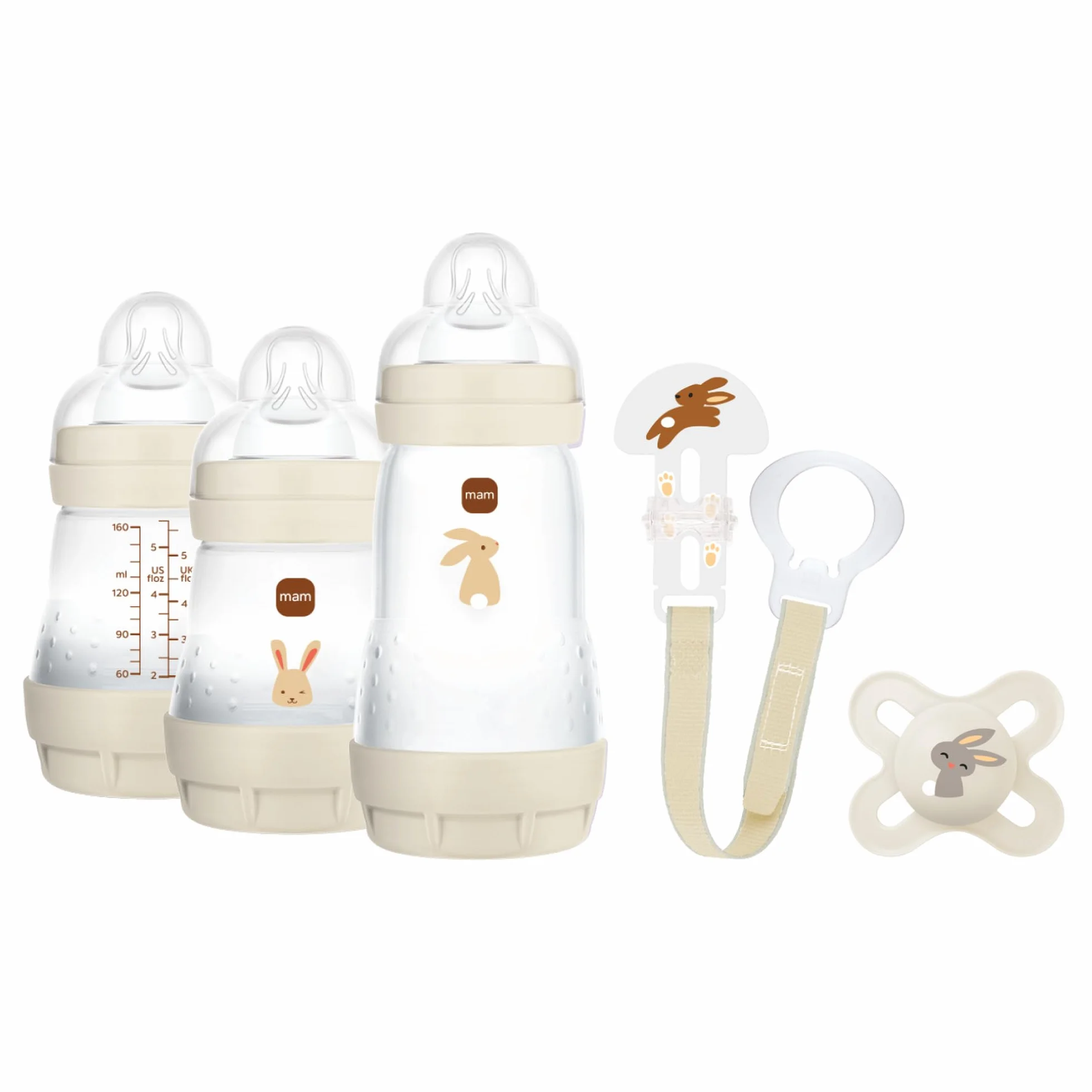 MAM Set de Recién Nacido, Set Regalo, Incluye: 2 Biberones Anticólico de 160ml, 1 Biberón Anticólico de 260ml, 1 Chupete Original Start, 1 Broche para Chupetes, a partir de 0 meses, Neutro