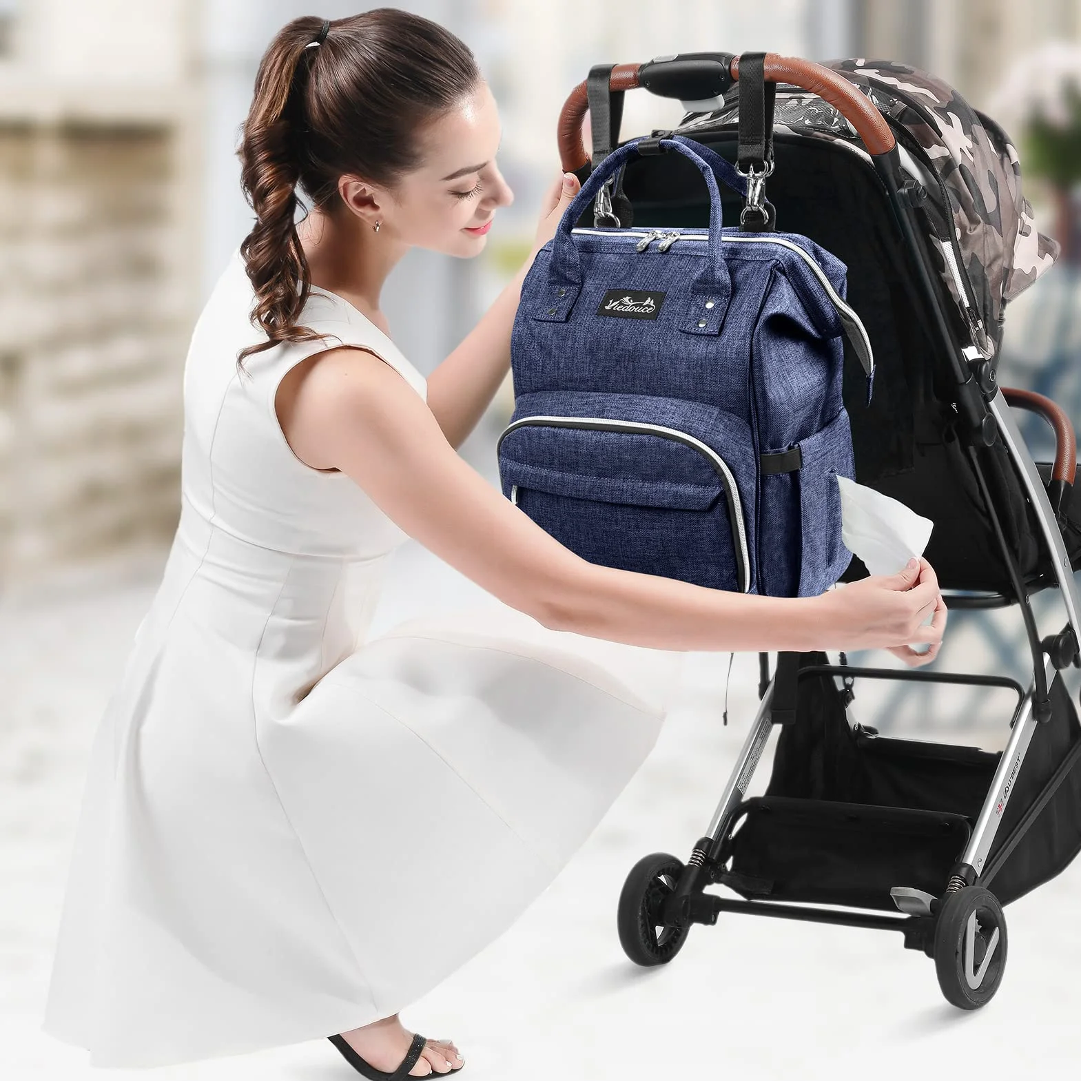 Viedouce Borsa per Pannolini Zaino Fasciatoio, Zaino Mamma, Borsa Cambio da Viaggio, Impermeabile Resistente Ai Graffi Stoffa Oxford Grande Capacità Borsa, con 2 Ganci di passeggino