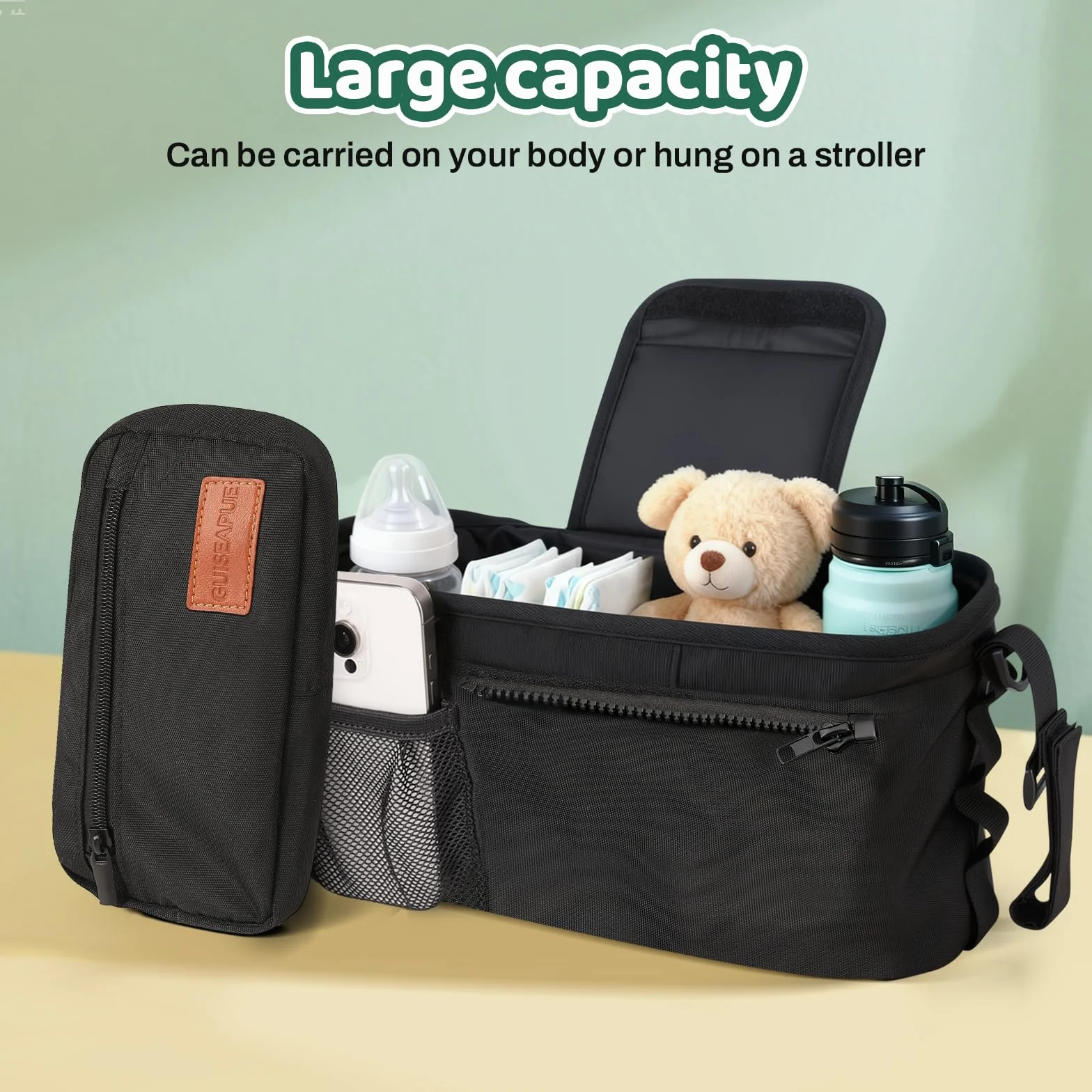 Guiseapue Organizer universale per passeggino con portabicchiere: accessori per passeggino con borsa per telefono rimovibile, adatto per Uppababy, cinghie antiscivolo, accessori per camminatori