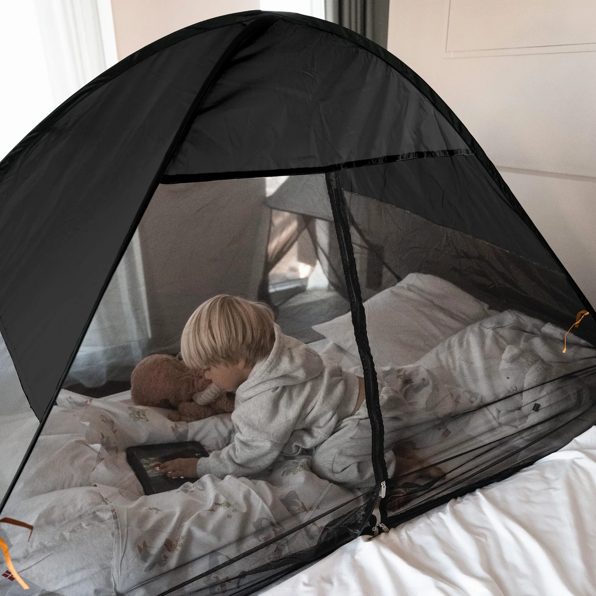 Deryan Tenda da letto pop-up – matrimoniale – zanzariera pop up – zanzariera letto – pieghevole e leight – 200 x 90 x 110 cm – zanzariera letto e zanzariera da viaggio con borsa – Grigio